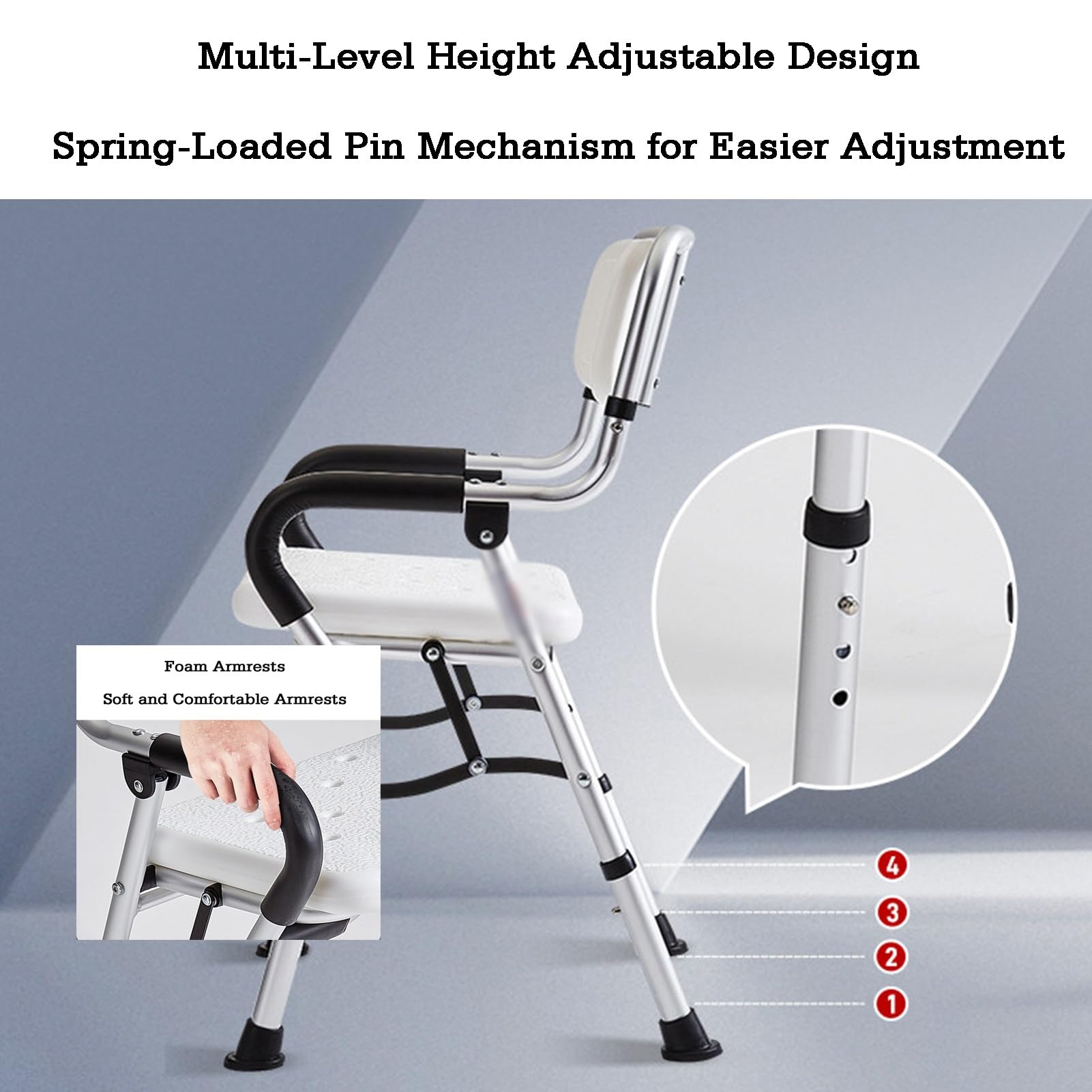Silla de ducha acolchada y regulable en altura, asiento ergonómico para bañera con respaldo y reposabrazos, capacidad de carga de hasta 200 kg, para personas mayores (versión 1)