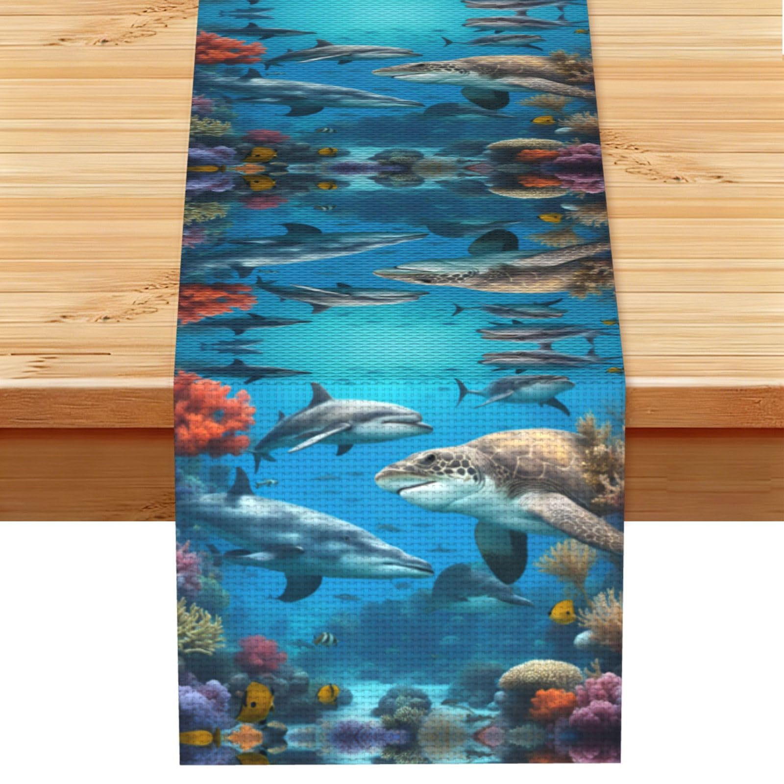 Dolphins Sea Turtle Shark Octopus Coral Reef Printed Dining Table Runner 13x72 Inch, Non-Fading Decor for Kitchen Dresser Fireplace Mantel