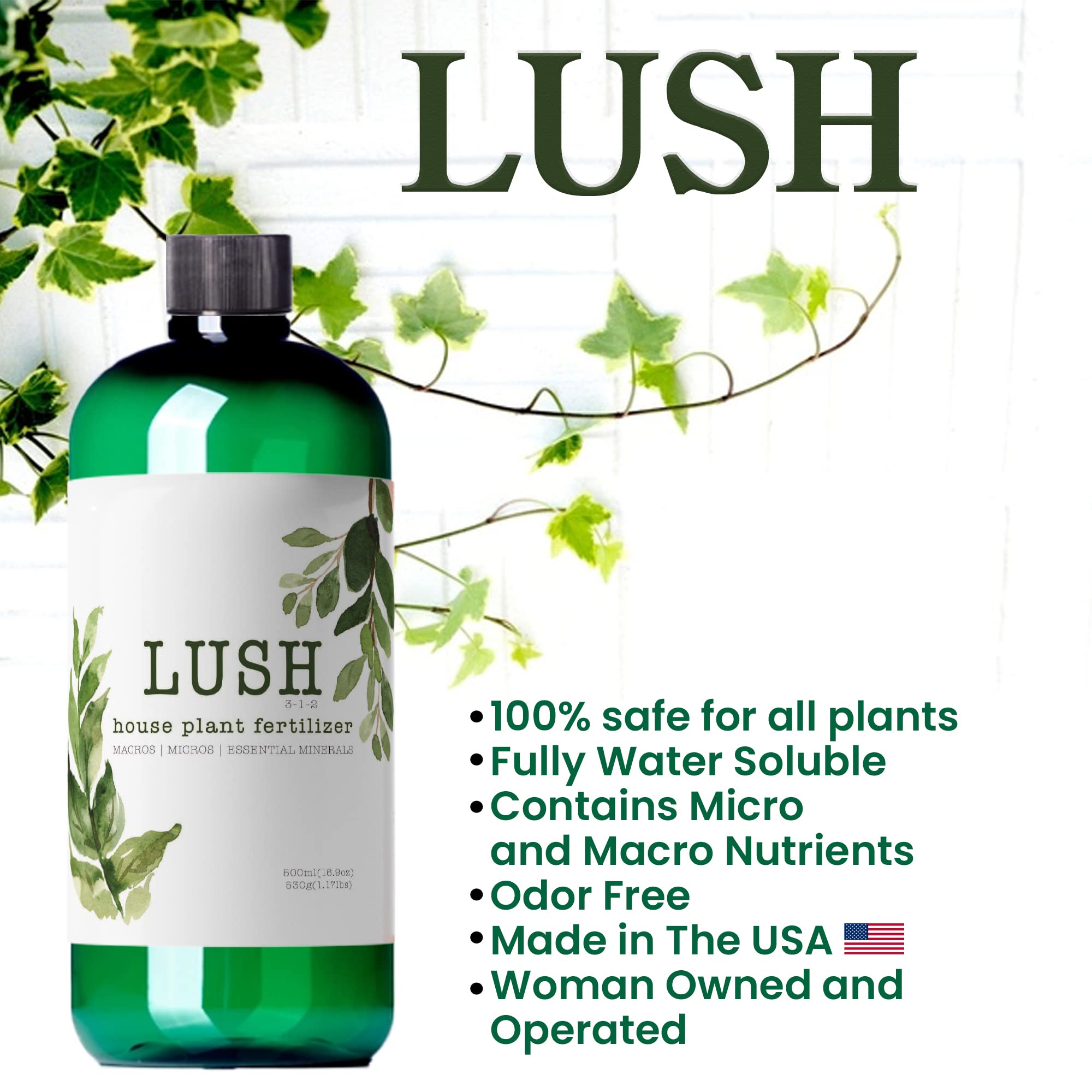 Lush Houseplant Fertilizer | 500ml Concentrated Liquid Fertilizer | Makes Over 50 Gallons | Made in The USA (500ml/16.9oz)