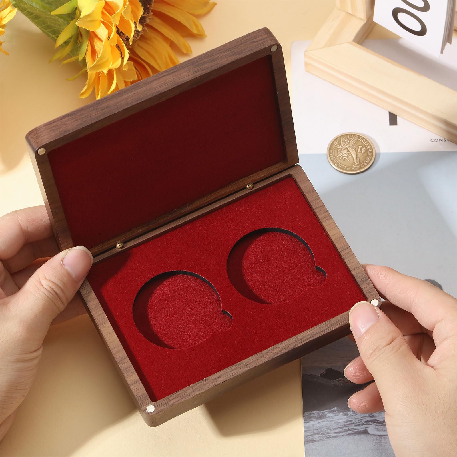 beinkmake Dual-slot Wooden Coin Display Case Complete Set Matched by Red Velvet Insert for Silver Coins Challenge Coins and Collector Display Ideal Coin Collector Gift - Image 3