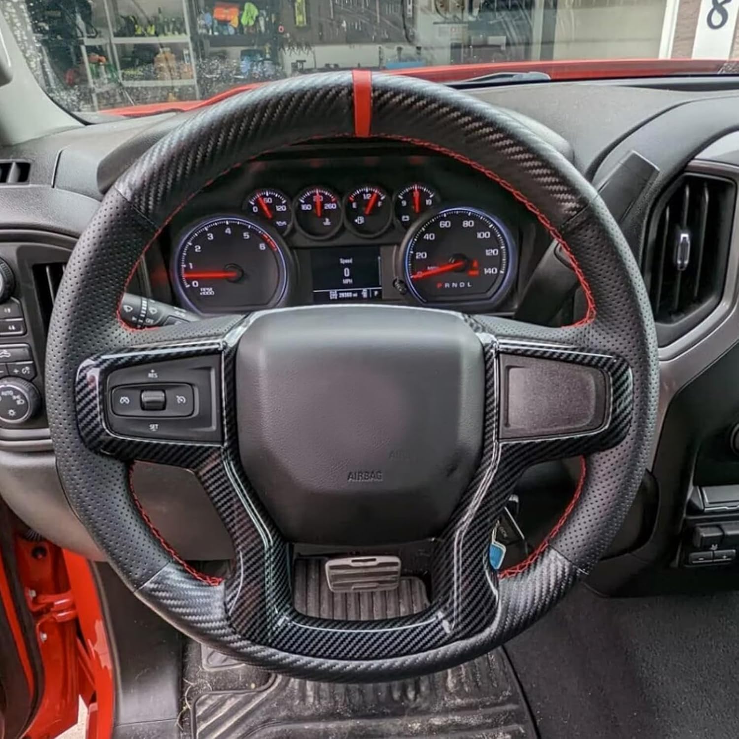 Leather Carbon Fiber Steering Wheel Cover for Chevrolet Blazer Silverado (1500) 2019-2025 / Silverado (2500/3500) 2020-2025/ Suburban Tahoe 2021-2024 Custom Stitched Interior Accessories