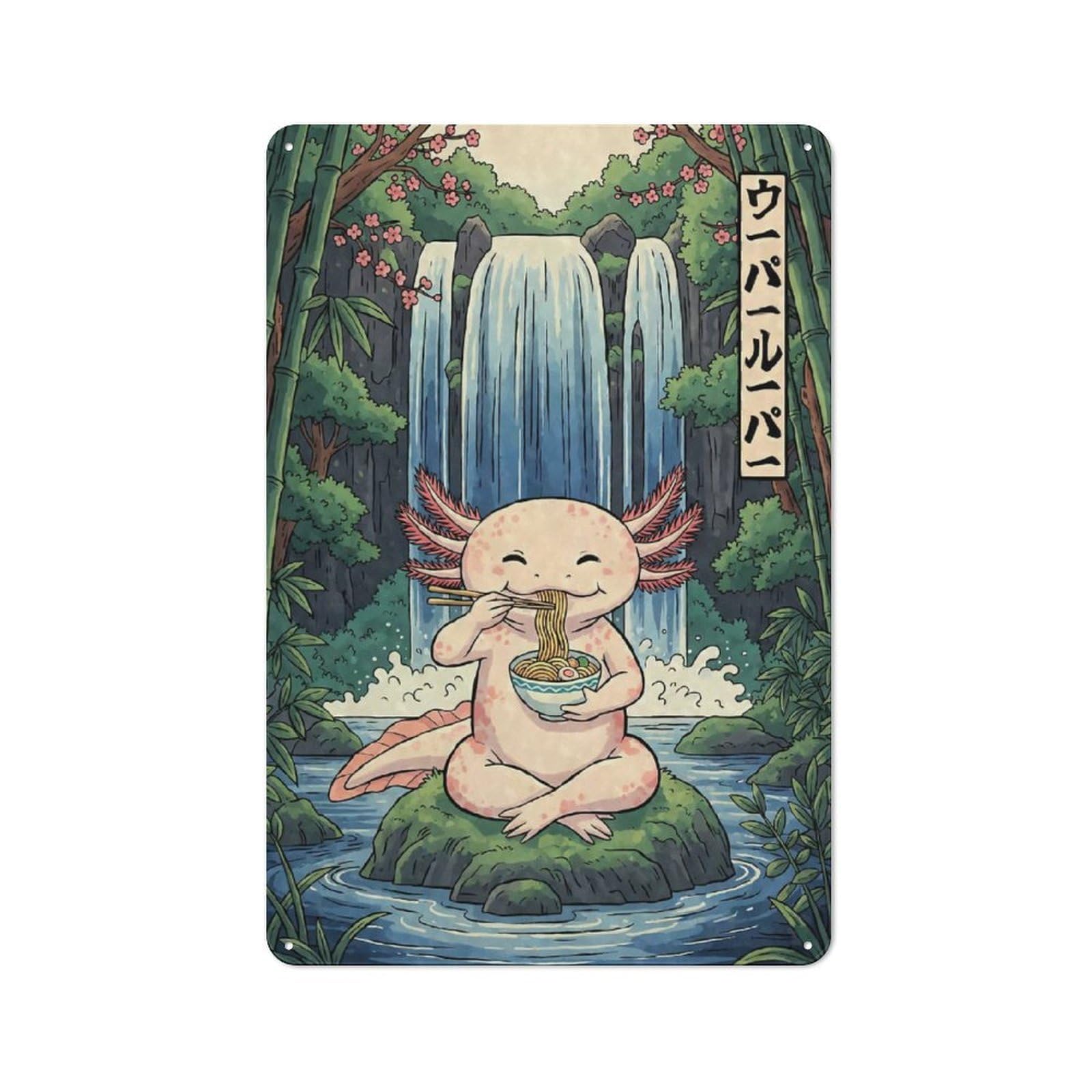 Vintage Retro Metal Sign 30x20cm Featuring Axolotl Eating Ramen by Waterfall, Garage Wall Decor for Garage, Workshop, Shed Or Utility Room