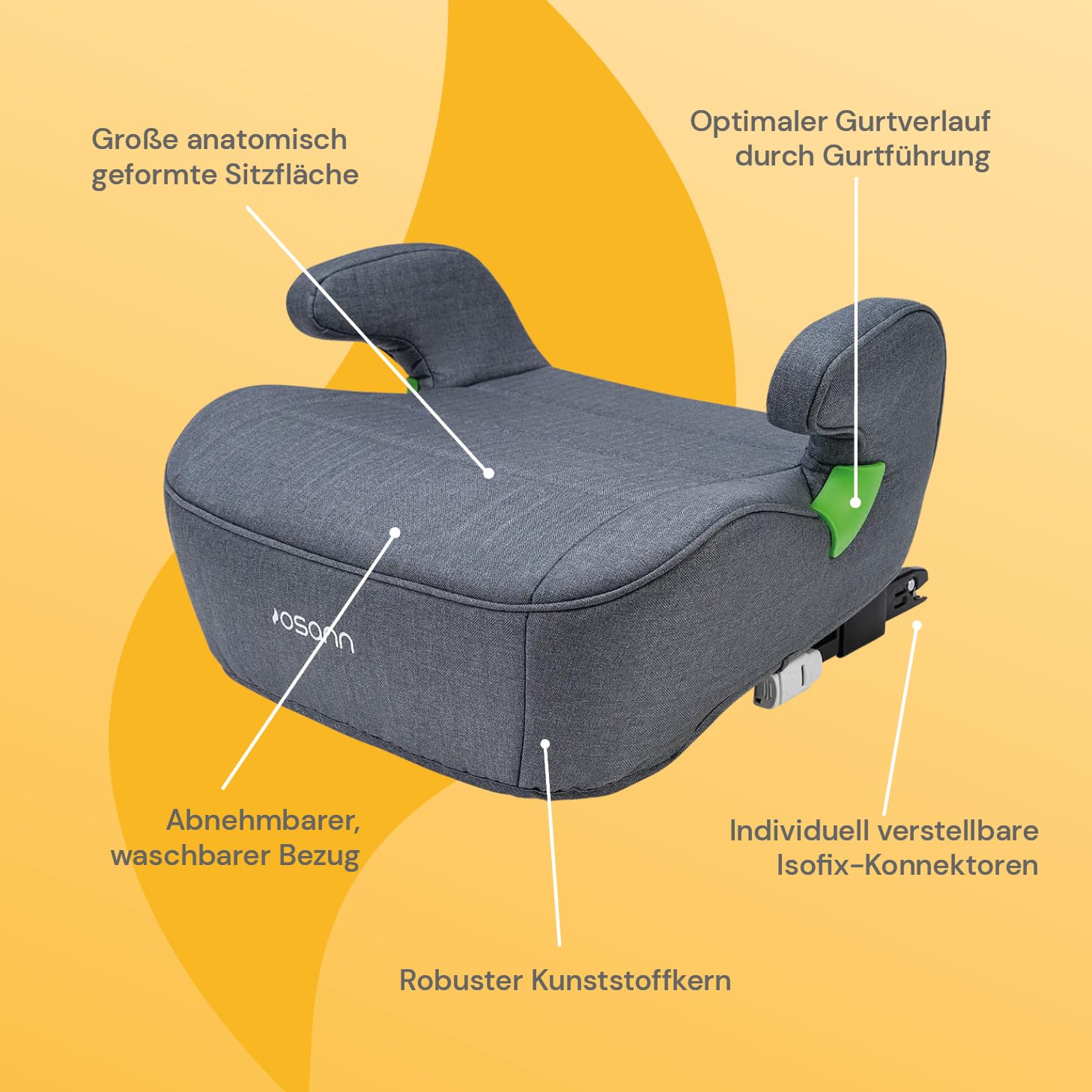 Osann Junior Isofix, Sitzerhöhung Auto Kinder, extra weiche und sichere Kindersitzerhöhung mit Isofix, 126-150 cm (ca. 15-36 kg), Sitzschale i-Size - Elephant Grey