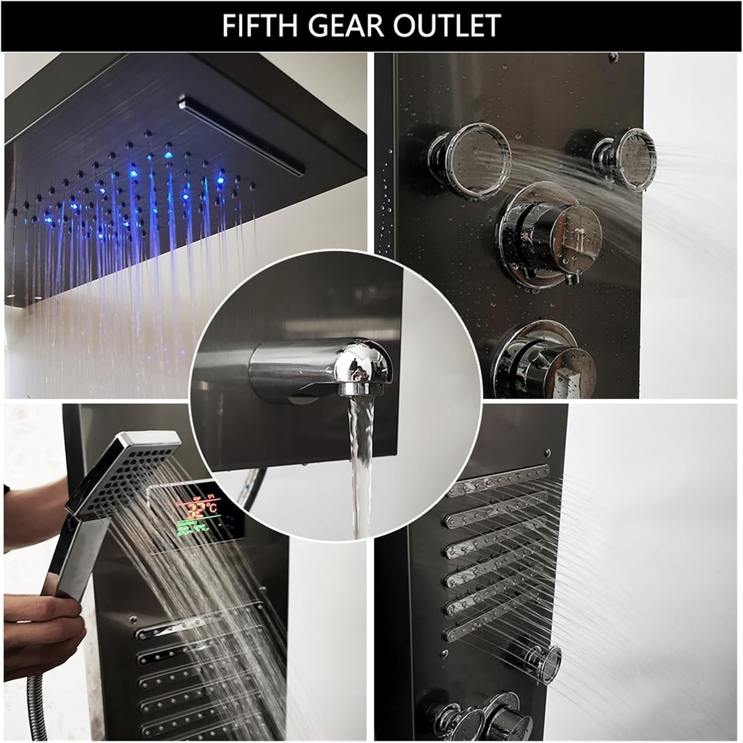 Dark Grey Nickel Brushed Digital Display Shower Panel， Column LED Rain Waterfall Shower Spa Jets， Bath Shower Mixer Faucet(Dark Grey)