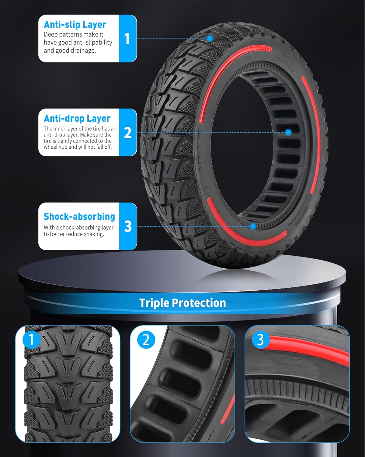 60/70-6.5 Solid Tire 10 Inch 10x2.5 for Segway Ninebot Max G30 G30P G30LP Gotrax G5 G6 Electric Scooters, Puncture-proof, Tubeless Rubber Tires Front or Rear Replacement, 2pc (Red)