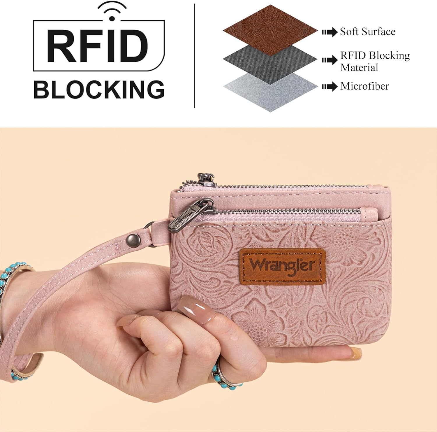 Montana West Wrangler Coin Purse for Women RFID-blocking Floral Embossed Change Pouch Wristlet Wallet Lightweight Portable Wallets Pink - Image 3