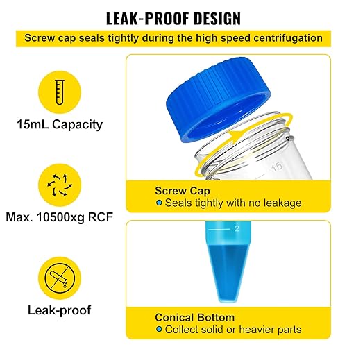 Miniatura 4 de VEVOR Tubos de centrífuga cónicos, 0.5 fl oz, 500 unidades de PP graduados con tapa de rosca a prueba de fugas, estante de tubos de ensayo y marcas,