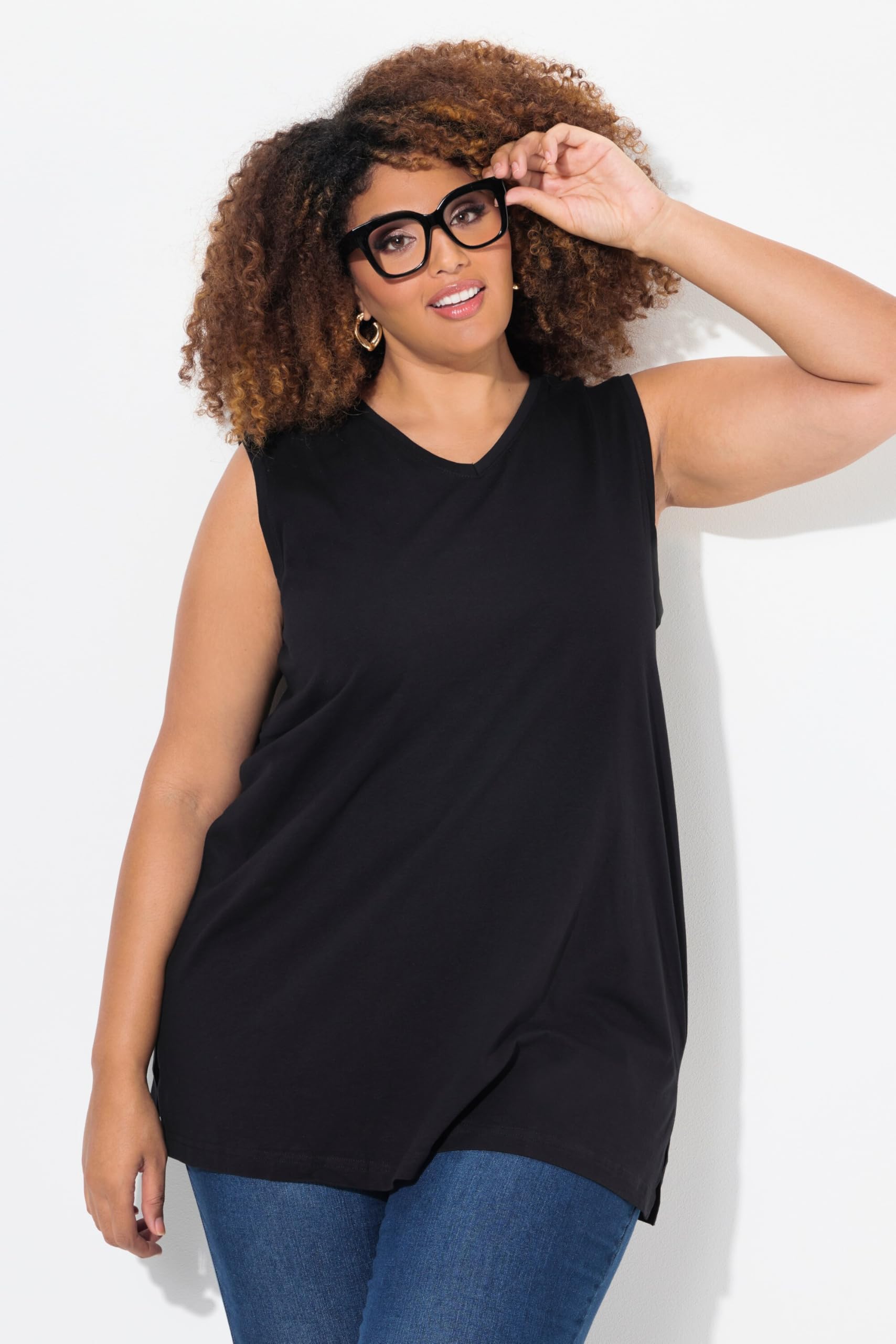 Ulla Popken Damski duży rozmiar, plus size, top basic, tank top, dekolt w serek, luźny krój