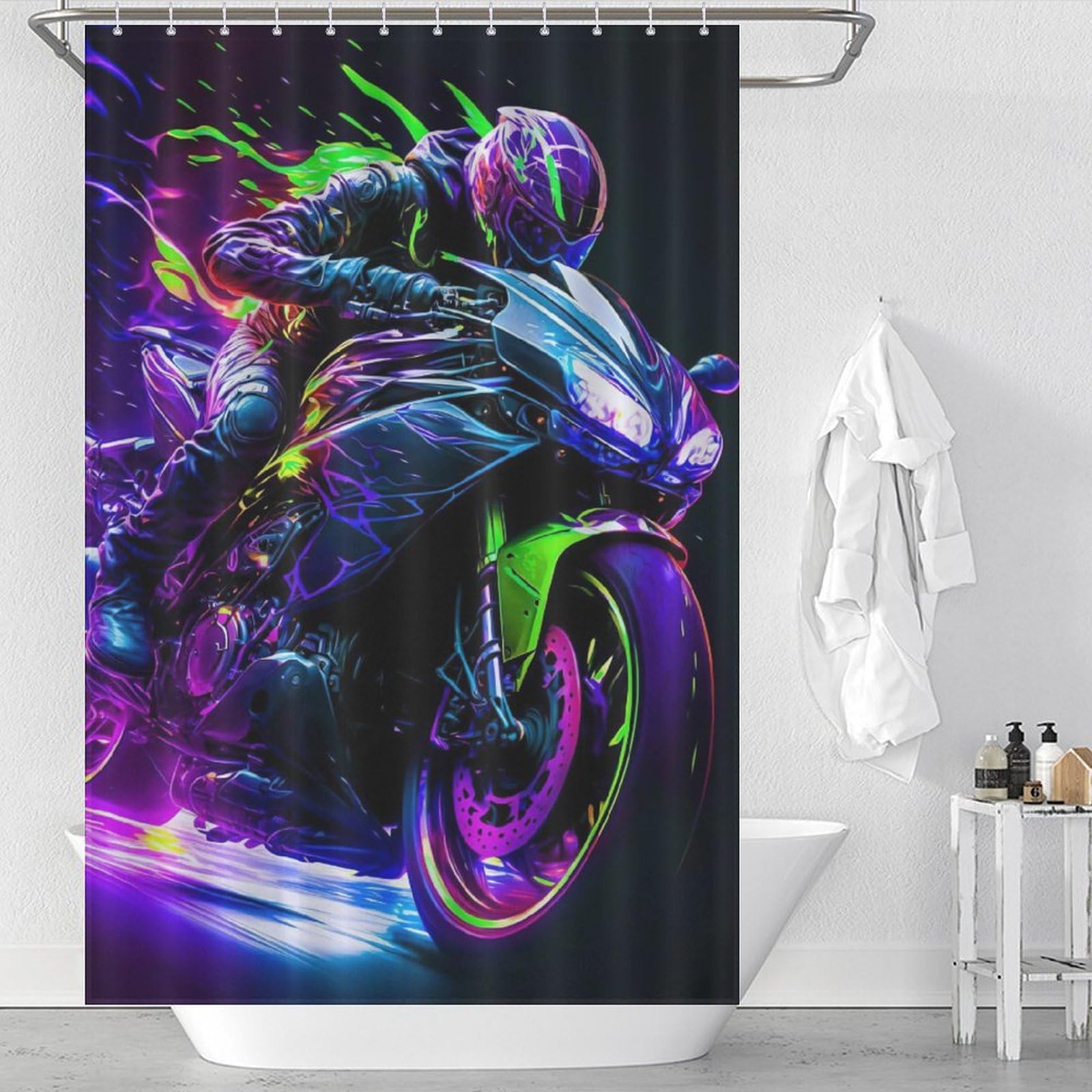 Rideau de douche moto en tissu imperméable polyester lavable pour bain 122x183cm