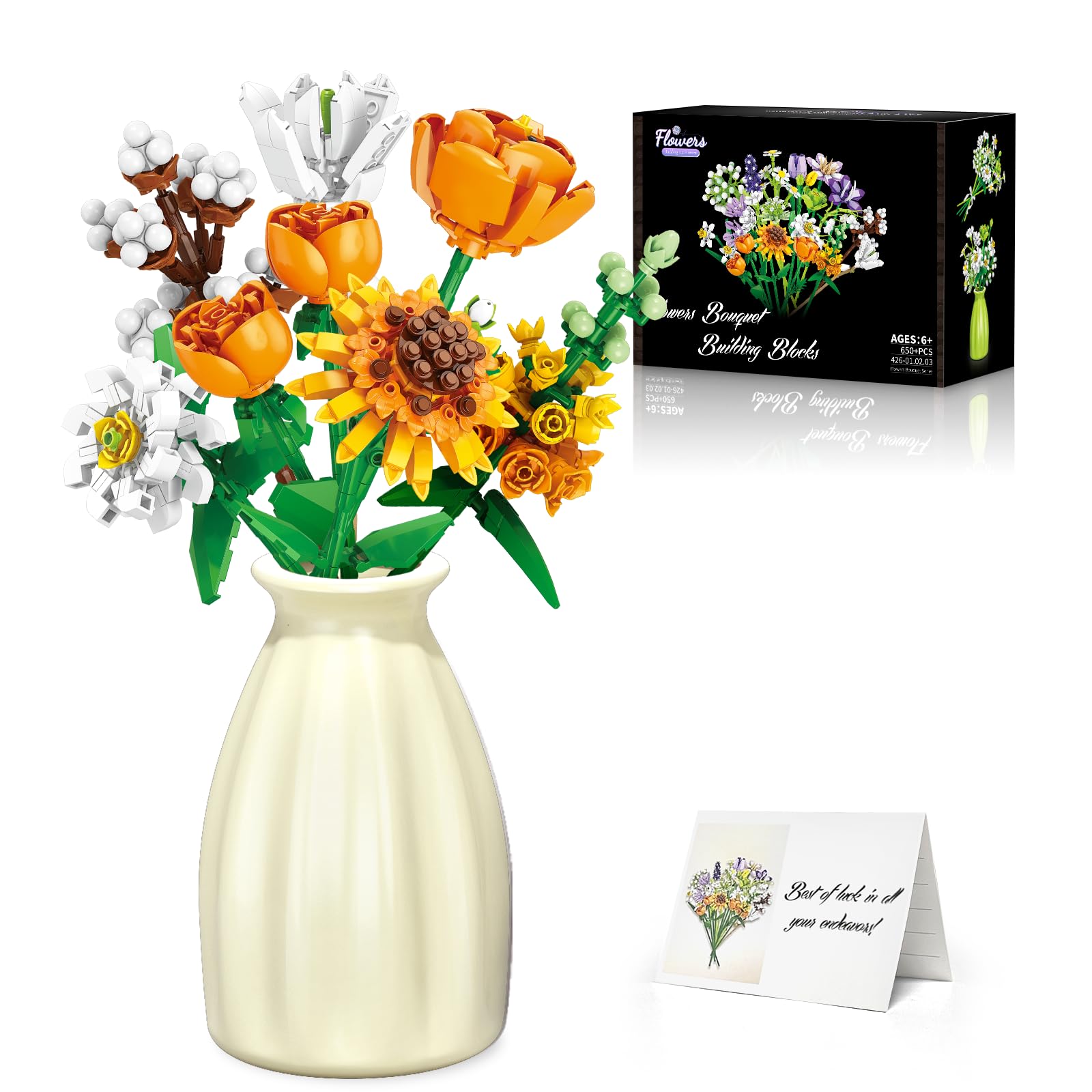 Flower Bouquet Building Block Set with Vase, Sunflower, and Rose Bouquet Construction Blocks Kits 697 Pieces, Suitable for Adults and Kids Aged 6+ Educational Toy Building Kits, Ideal Festival Gift
