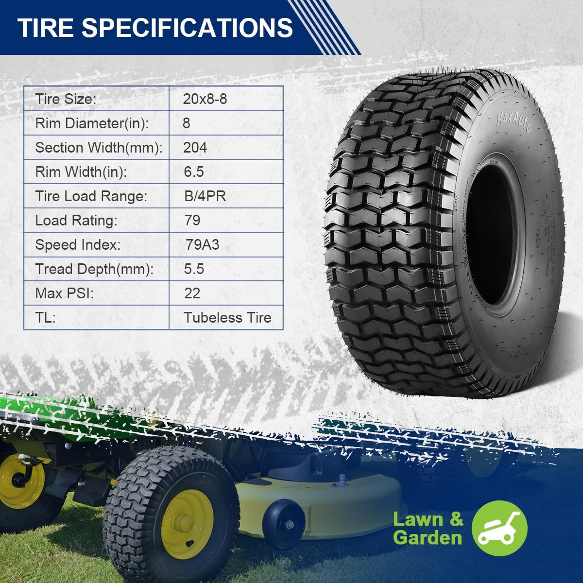 MaxAuto 20x8.00-8 Lawn Mower Tires 20x8x8 Lawn Tractor Tire 20x8-8nhs Riding Mower Tires, 4 Ply Tubeless Tire, 965lbs Capacity, Set of 2