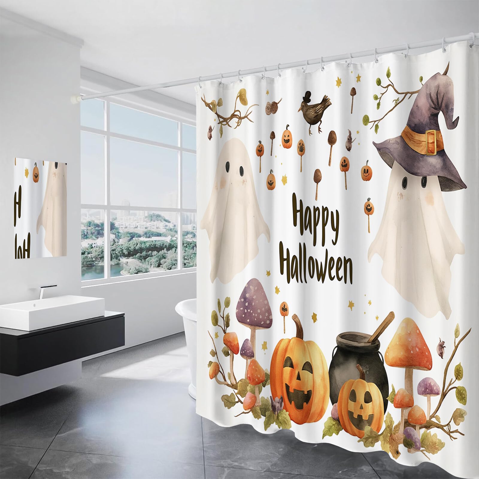 Duschvorhang Kürbispilz H240Xb200Cm | Retro Country Halloween Wasserdichter Stoff Maschinenwaschbarer Badezimmervorhang Mit Haken