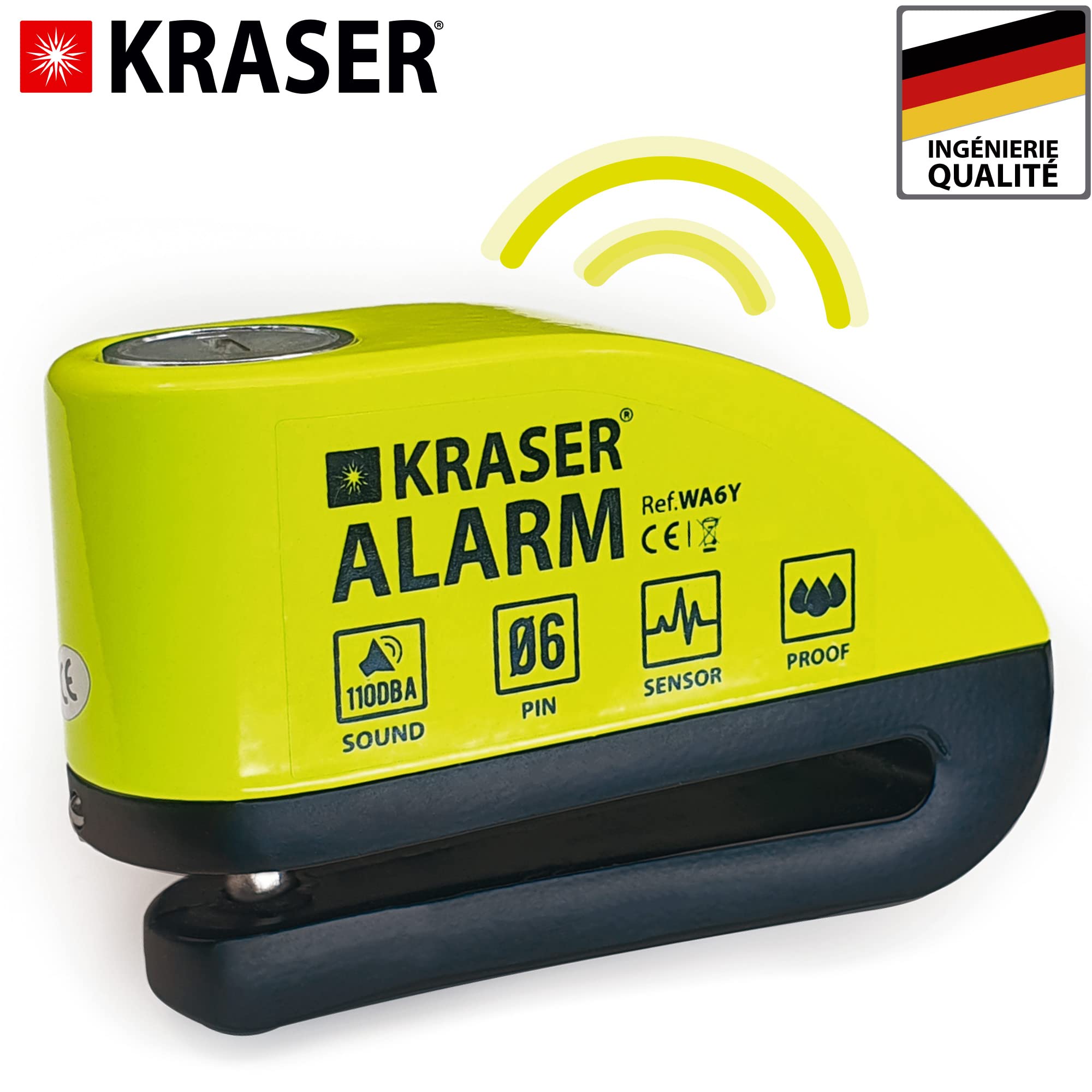 KRASER WA6Y Antivol Moto, Bloque Disque Alarme 110db, Renforcé, 3 clés (2 autres) Serrure Haute Sécurité, Étanche, Câble Rappel 1.5m, Sac, Piles Rechange, Bloc Frein 6mm Universel Moto Scooter Vélo