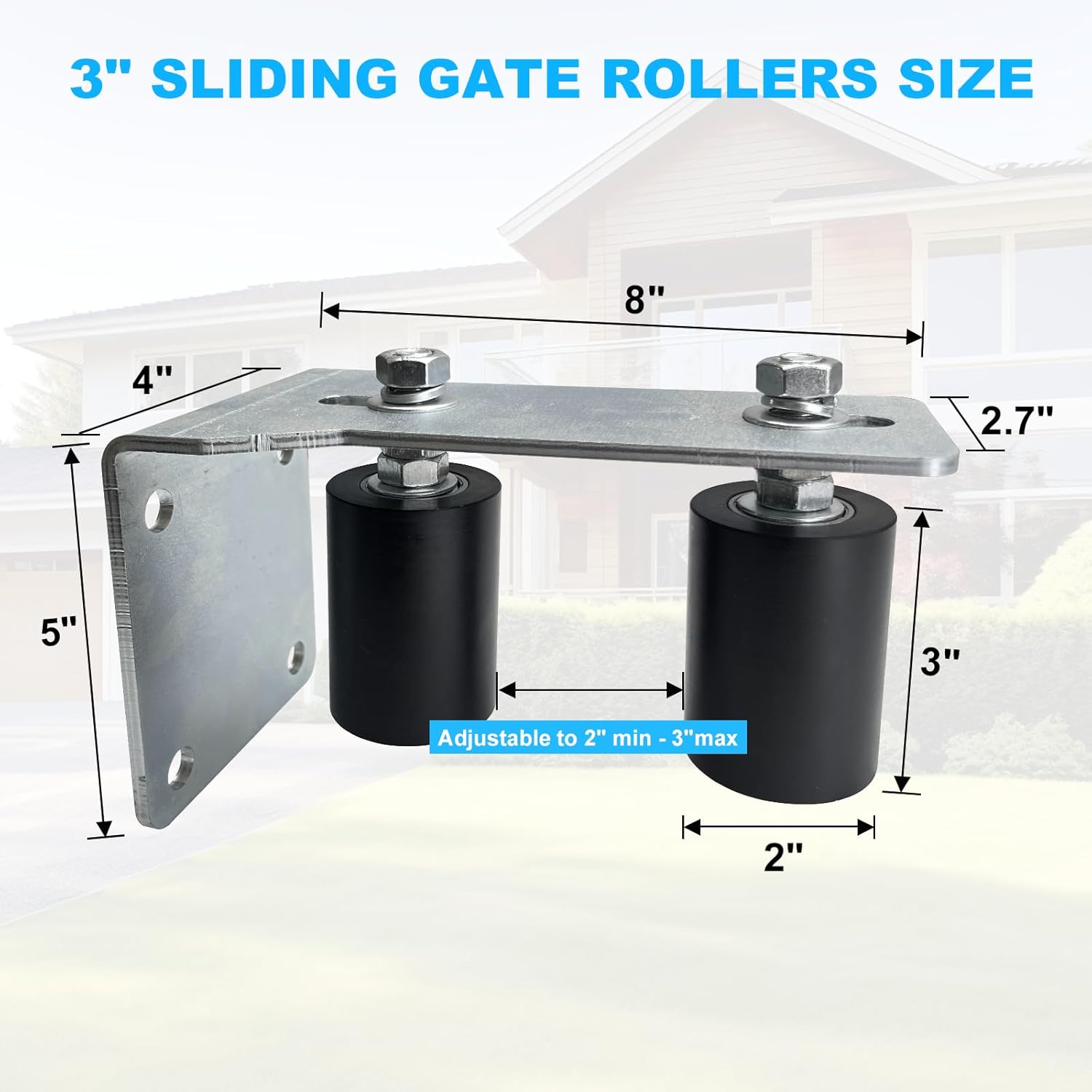 2 Pcs 3" Sliding Gate Rollers, Adjustable Gate Roller Guide, Hard Nylon Guider, Sliding Gate Kit for Sliding Rolling Gates, Barn Doors(Black, 1/5" Steel)