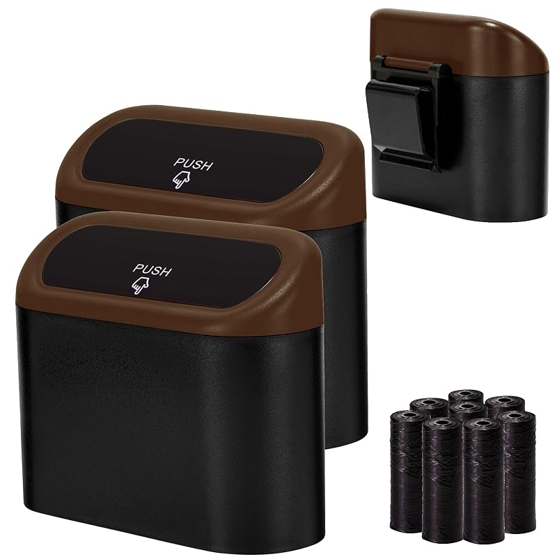 Kit com 2 Lixeiras Automotivas Mini Ginsco com Tampa, Clipe de Fixação e 120 Sacos, ABS, Preto/Marrom