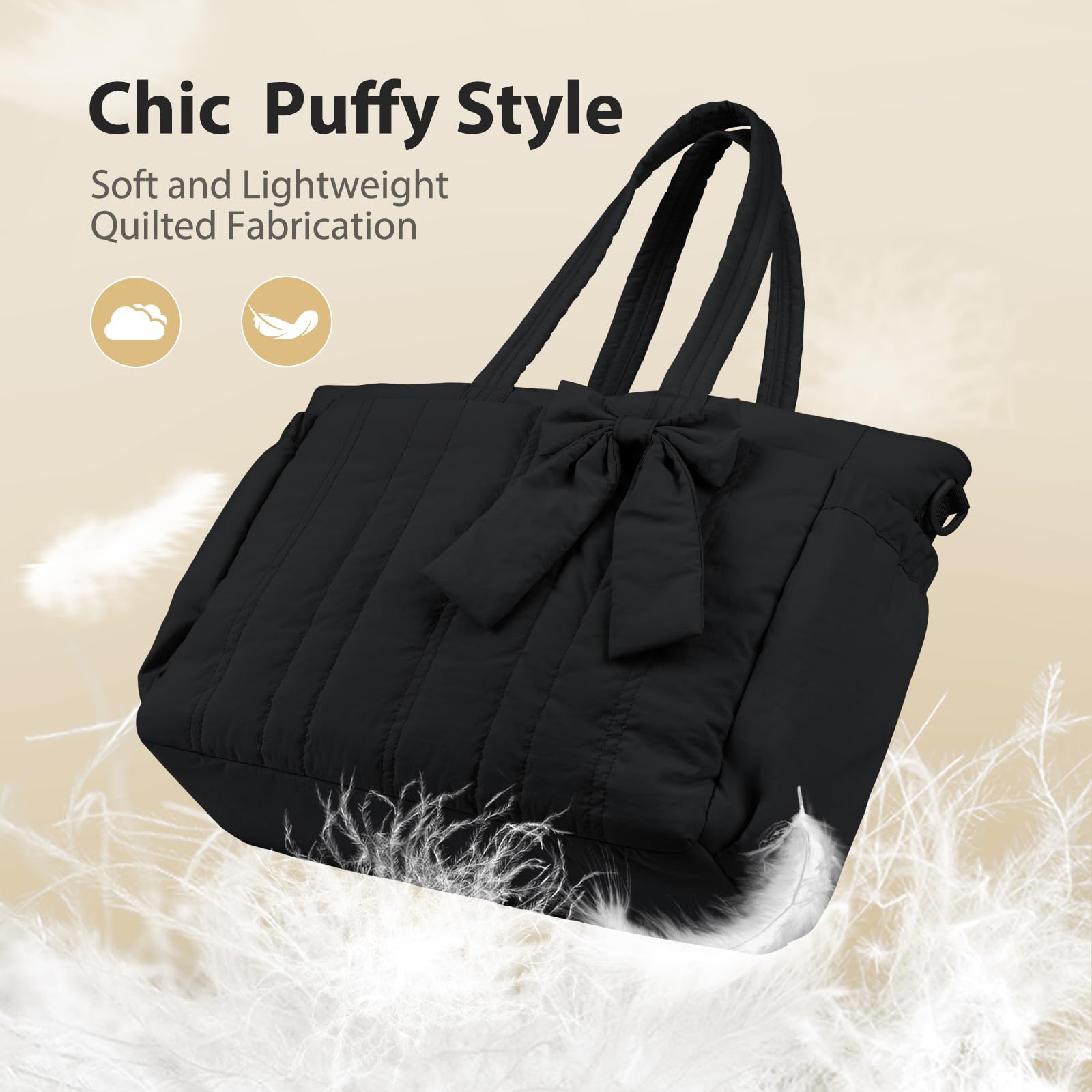 MOSISO Borsa Tracolla Fiocco Donna,15.6 pollici Borsa Tracolla Grande,Borsa Mano,Borse Shoulder per Scuola Lavoro Viaggi Palestra,Borse Shoulder Leggera con Scomparti Laptop,Fiocco&Tracolle, Nero