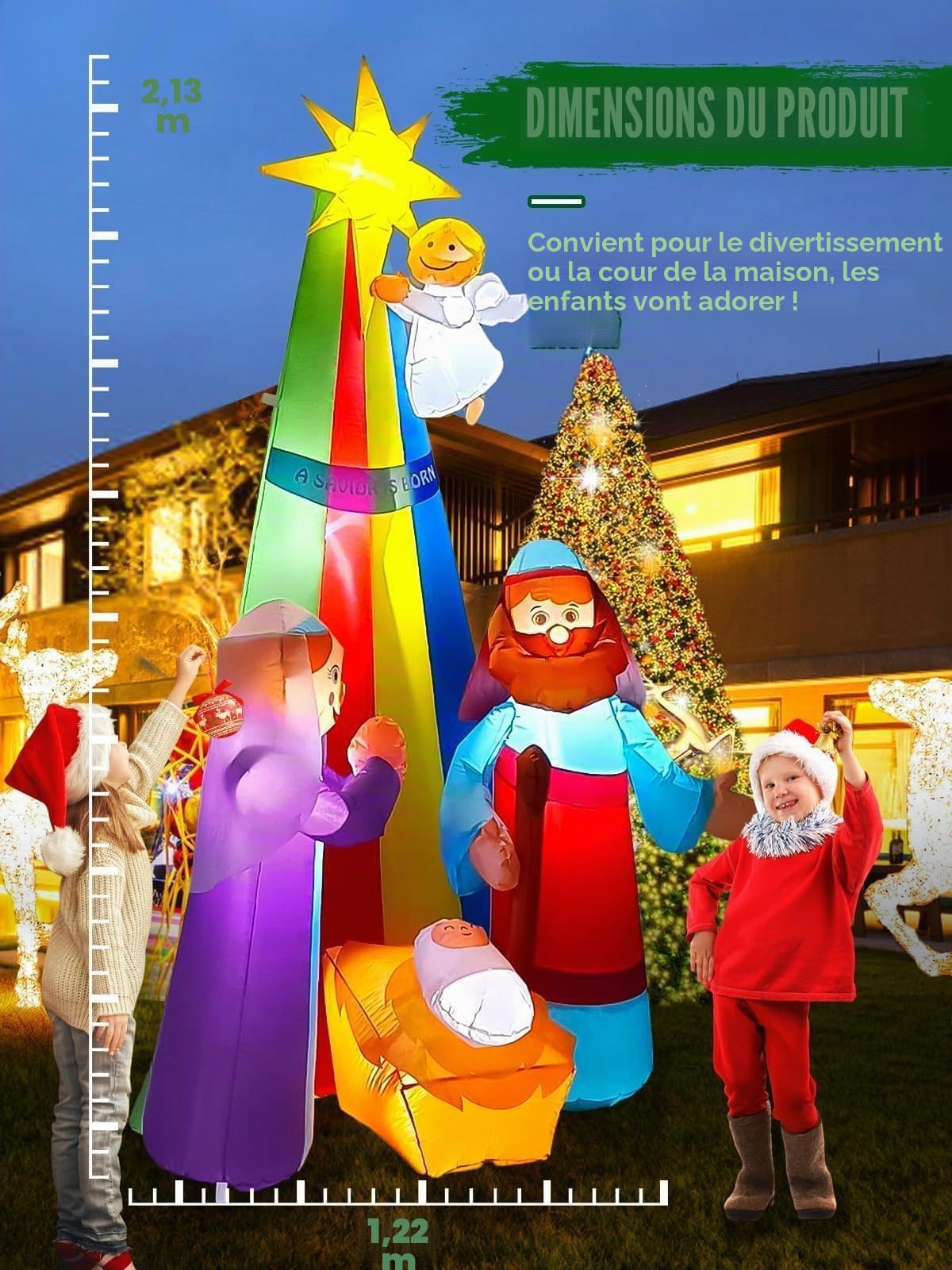 Kalolary Décoration Gonflable de Noël, D'épice Géante avec Lumières LED Intégrées pour Fête, Intérieur, Extérieur, Pelouse, Jardin (Crèche de Noël)