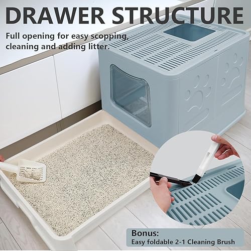 Miniatura 5 de Caja de arena plegable XL para gatos con tapa, orinal cerrado, inodoro antisalpicaduras de entrada superior, incluye cuchara y cepillo de limpieza 2