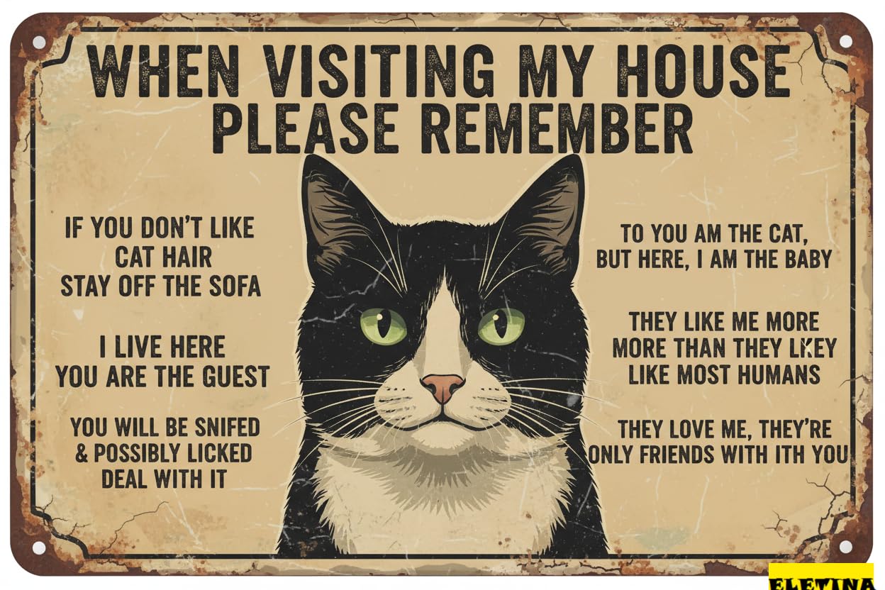 When Visiting My House Please Remember Cat Tin Sign, 8x12 Inch