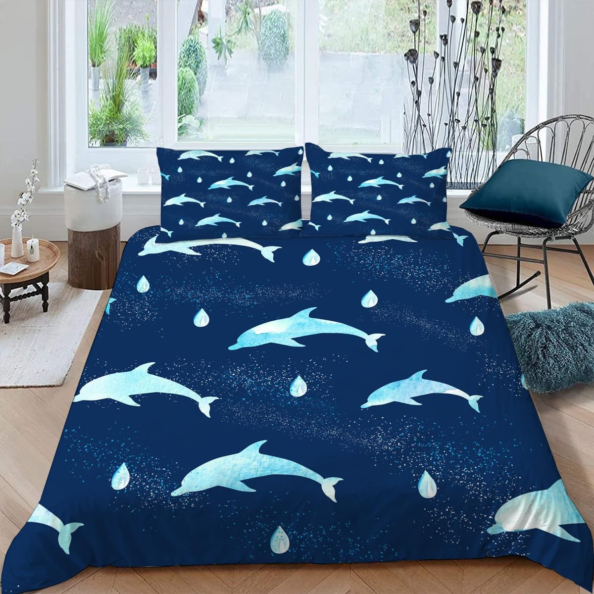 Housse de couette dauphin 240x220 cm avec 2 taies d'oreiller pour lit 2 personnes