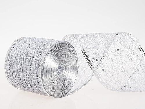 Miniatura 2 de Cinta de malla plateada con brillantina, cinta de borde con alambre de Navidad para decoración del hogar y árbol de Navidad, 2.5 pulgadas x 10 yardas