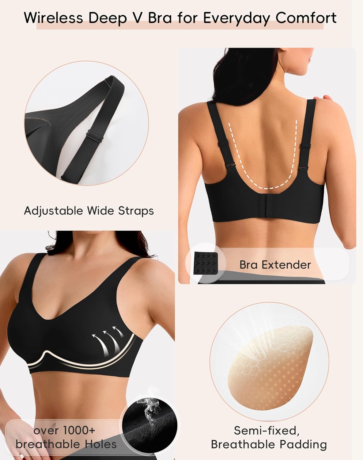 2 Pack Seamless Wireless Bras for Women, Deep V Jelly Gel Support Push Up Bra, Comfort No Underwire Invisible T Shirt Bra