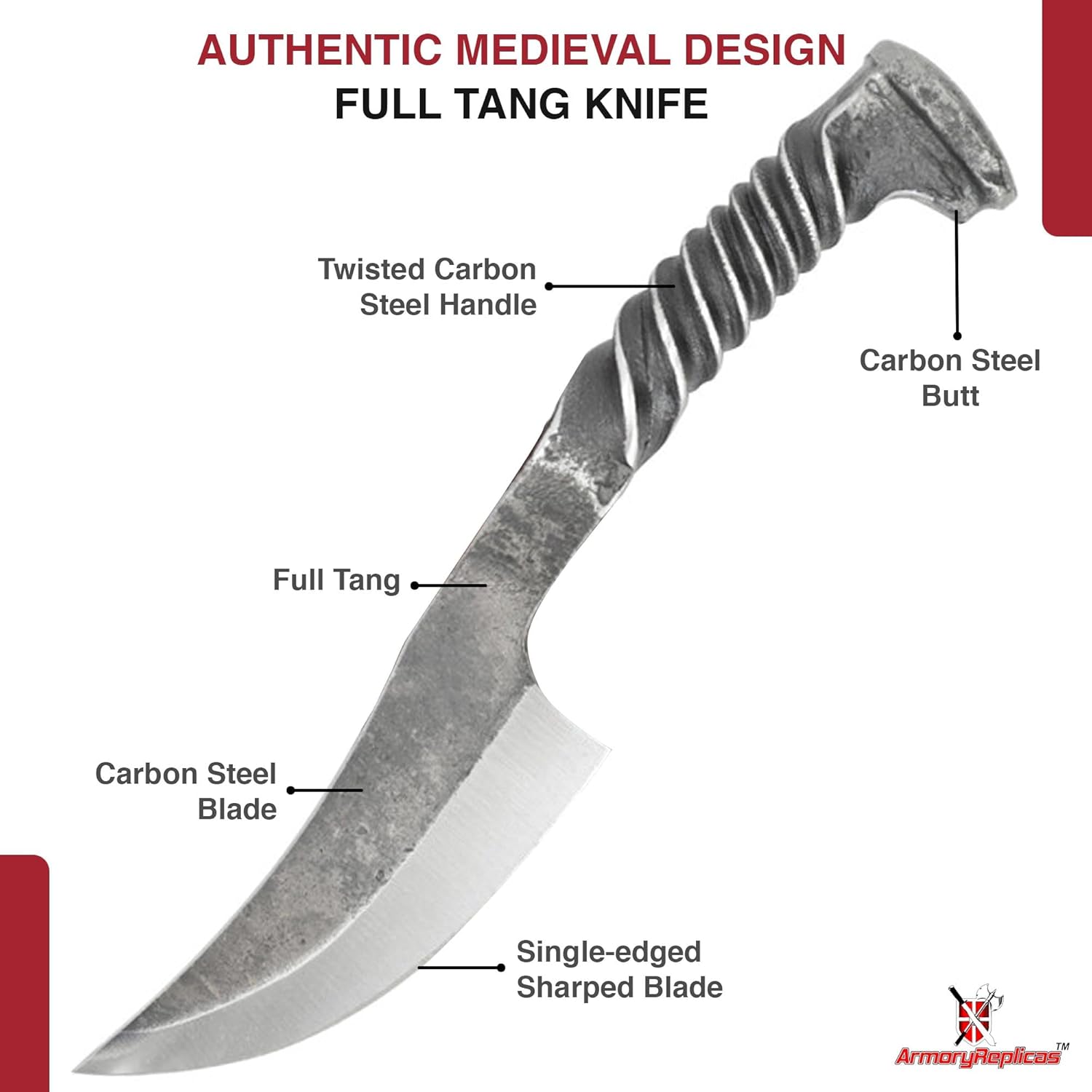 Armory Replicas™ Forged in the Fire Medieval Knife – Authentic Carbon Steel Blade, Full Tang Construction, Historical Design, Ideal for Collectors & Reenactors, Leather-Lined Scabbard Included
