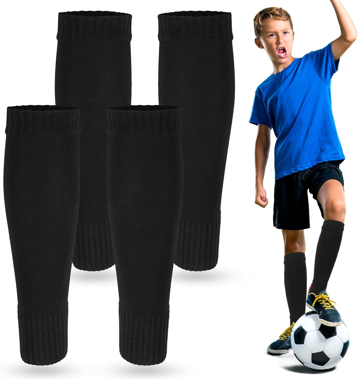 Tyqour 2 Pairs Kids Soccer Socks Pre Cut, Leg Sleeve Socks, Football Shin Guard Sleeves for Age 7-14 Youth Boys Children Football Basketball Training Black