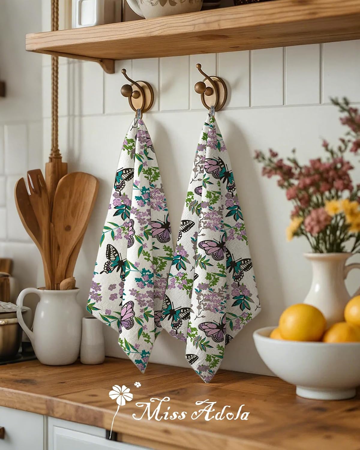 Flour Sack Kitchen Towels - Set of 2 Cotton Dish Towels with Hanging Loop Decorative 16x26 Inch Absorbent Cute Design for Housewarming Gifts, PUR Butterfly - Image 3