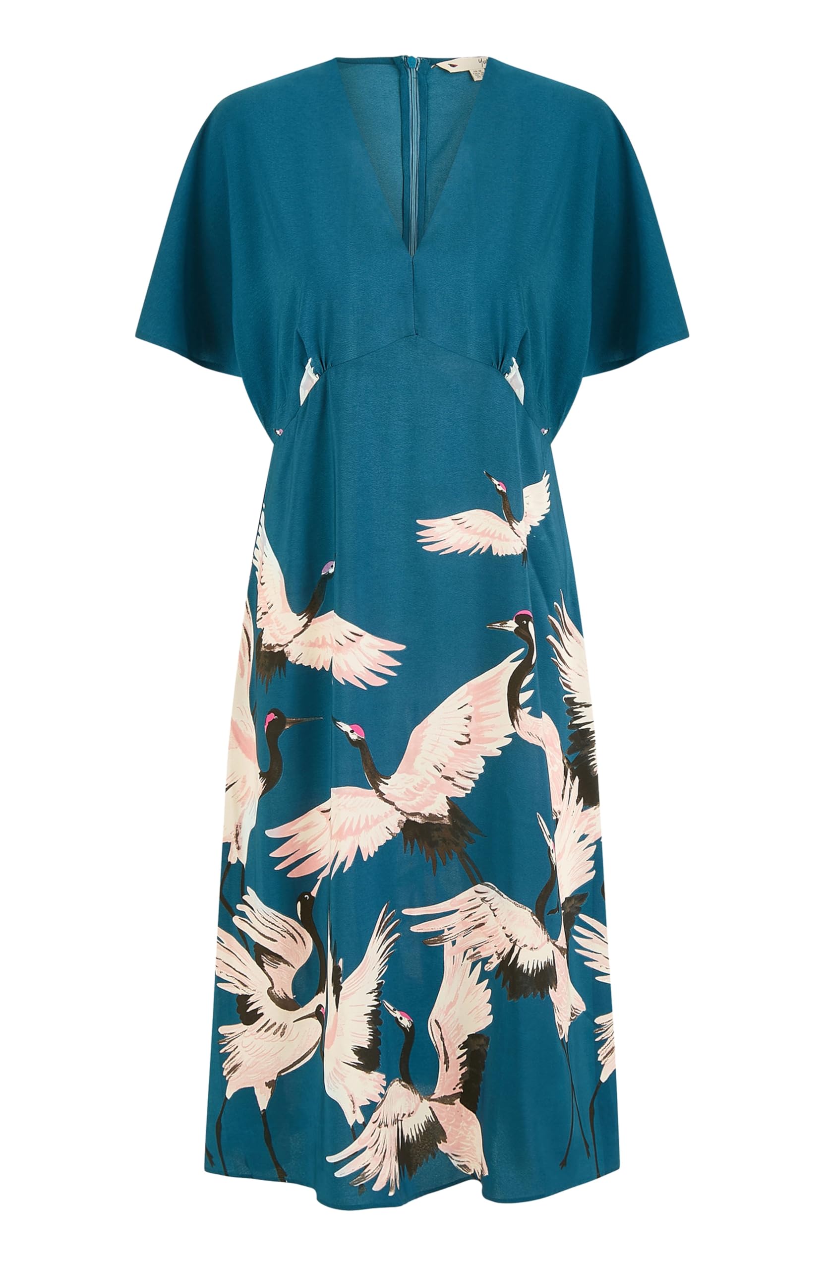 Yumi Women's Blue Teal Recycled Fabric Crane Print Kimono Midi Dress (Uk, Numeric, 16, Regular, Regular, )
