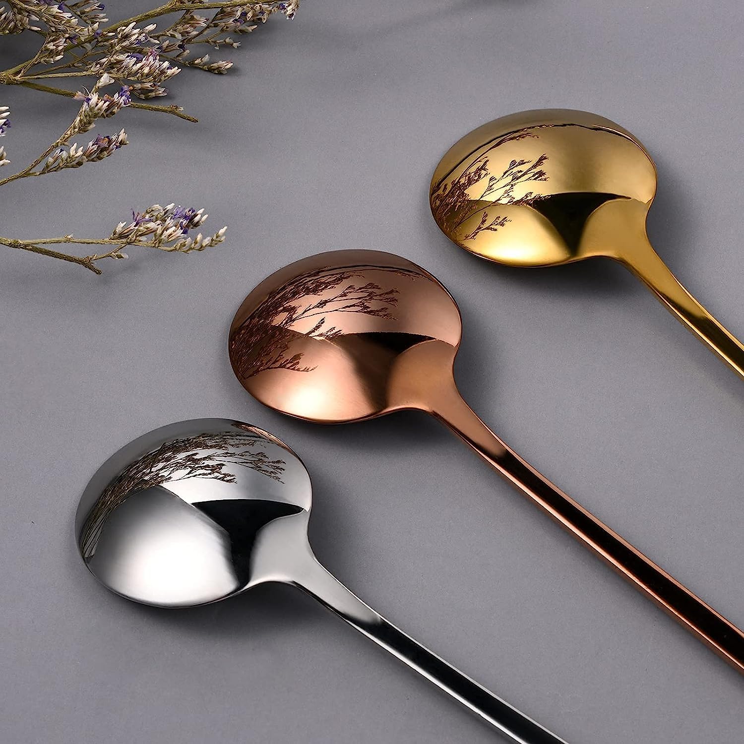 Cuillère à thé, cuillère à dessert, 7 pièces cuillères en acier inoxydable cuillères à café à long manche ensemble de cuillère circulaire délicate élégance, mélange de crème glacée café cocktail cuill