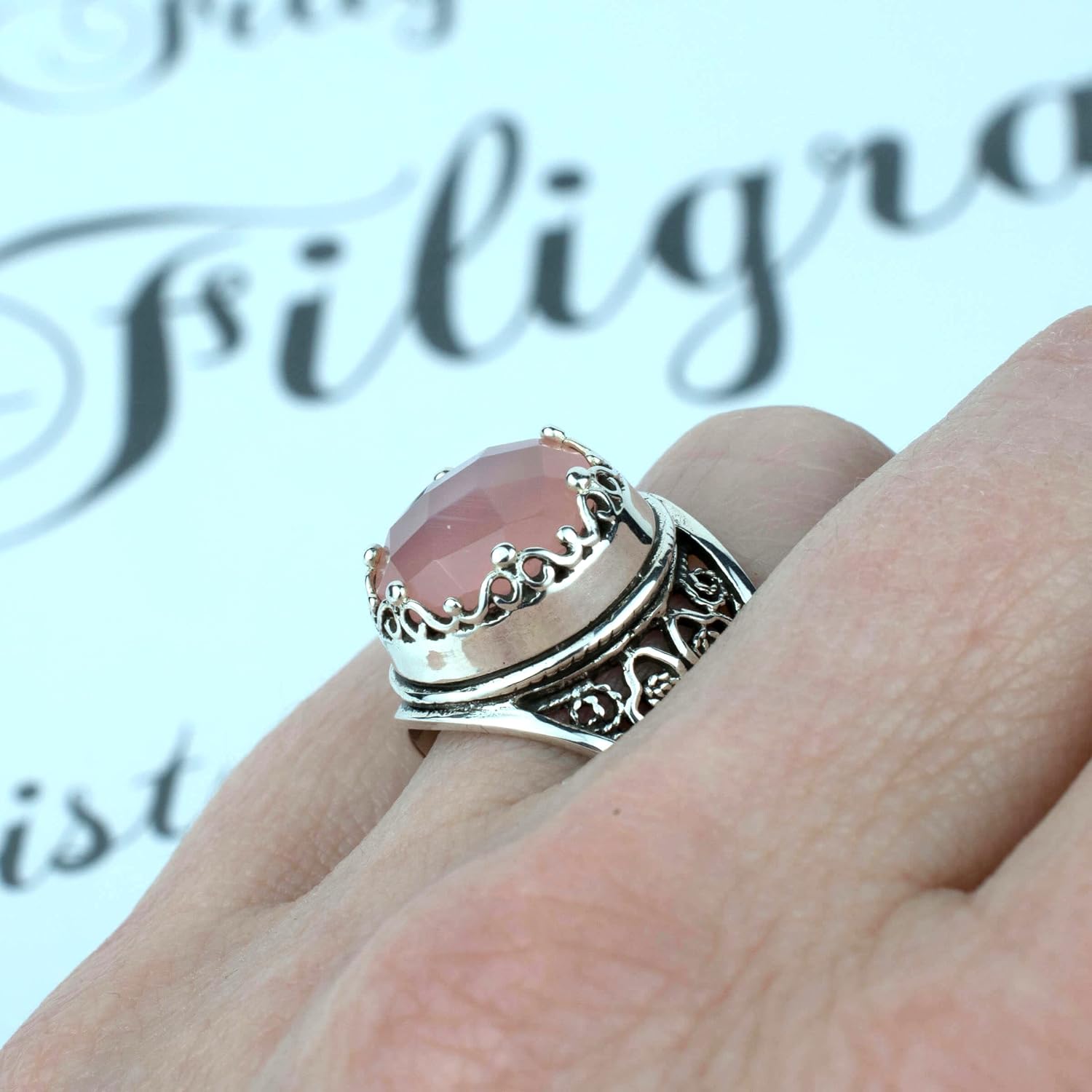 Filigranist 925 Sterling Silver Filigree Art Women Cocktail Ring with Gemstones, Gift Boxed - Image 5