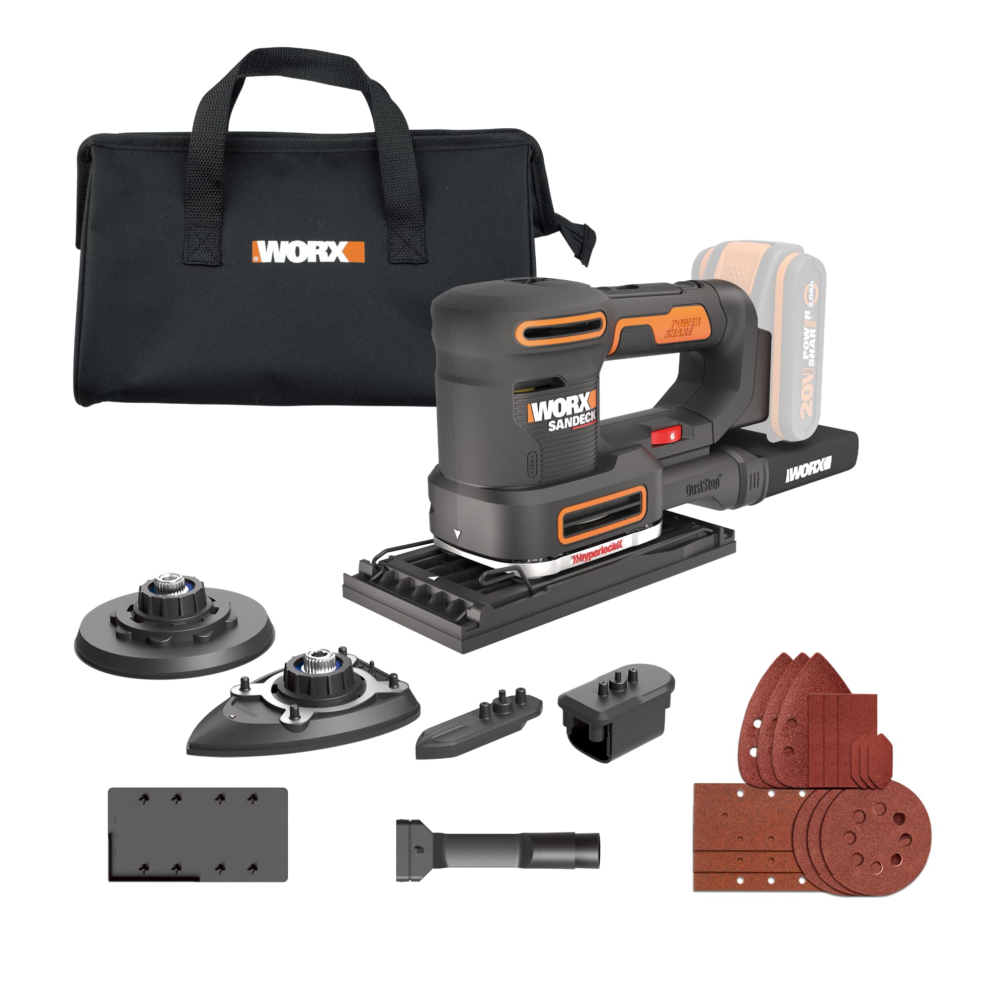 WORX Ponceuse multifonction sans fil 20V WX820.9 | Outil 5-en-1, changement rapide des plateaux, vitesse variable et PowerShare