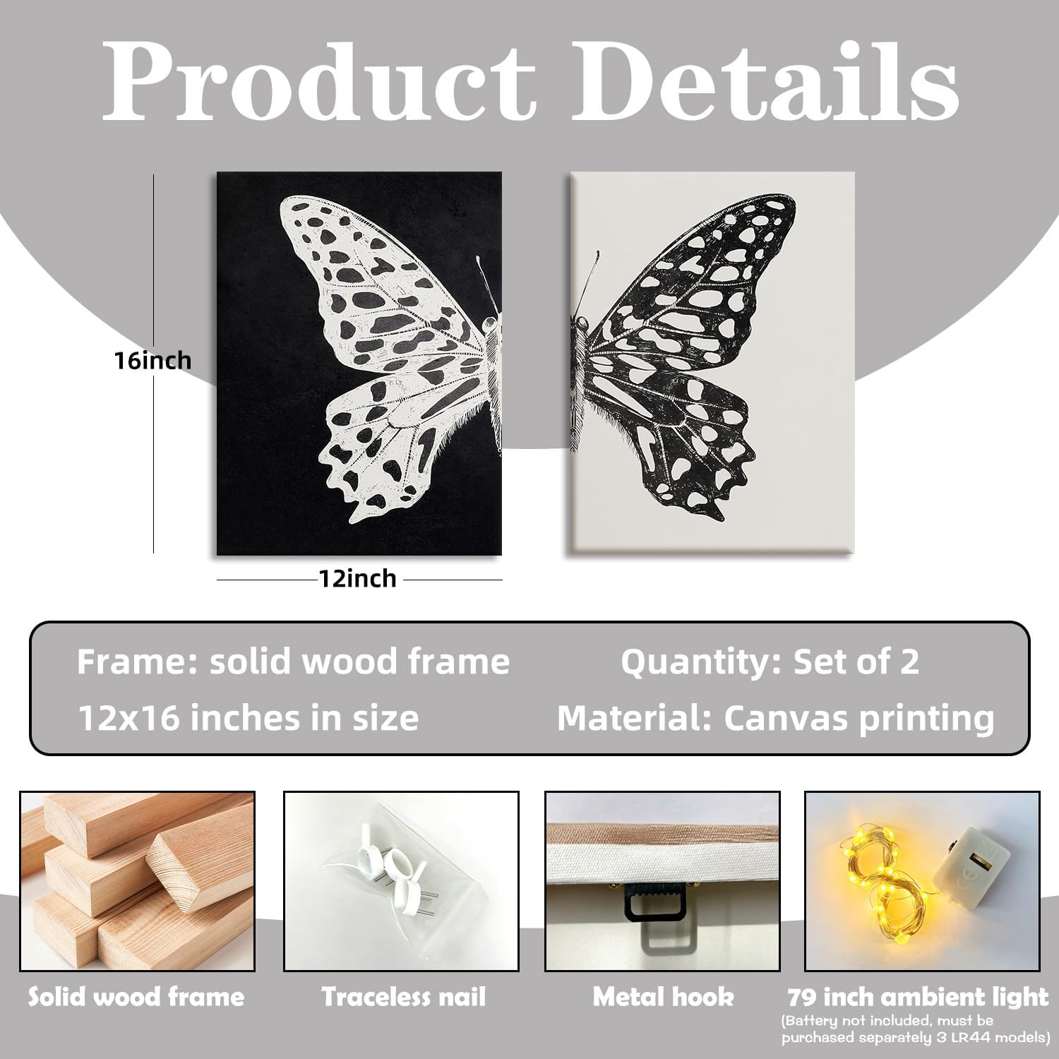 HCJWCXD 2-Piece Black & White Butterfly Canvas Wall Art Framed Symmetric Insect Print Painting Bohemian Poster Minimalist Black and White Wall Decor 12x16 Inch for Living Room Bedroom Offic