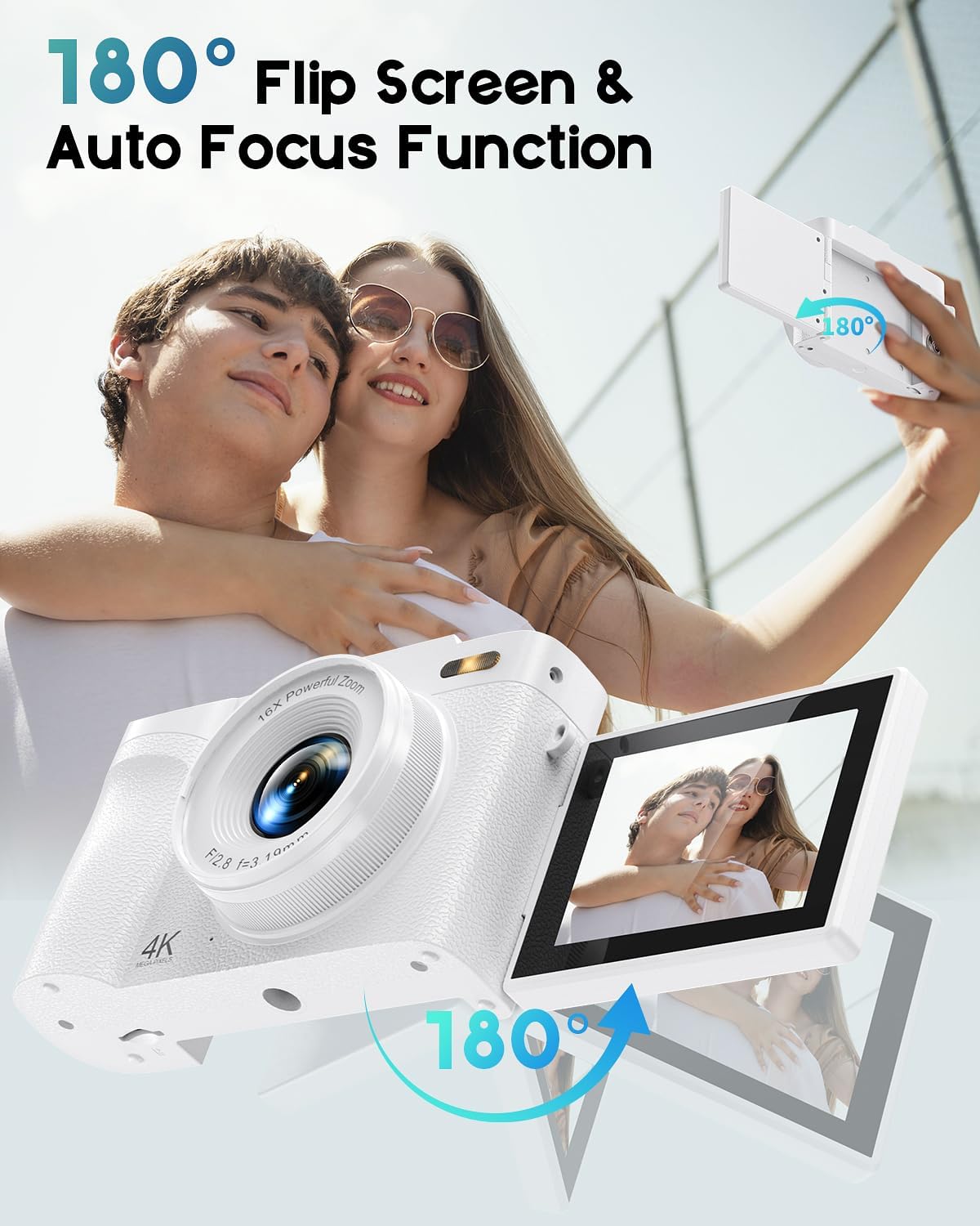 4K Digital Camera for Photography, 50MP Vlogging Camera for YouTube, Compact Cameras with 2.8" 180° Flip Screen, 16X Digital Zoom, Point and Shoot Camera with 32GB SD for Beginners, Travel, White