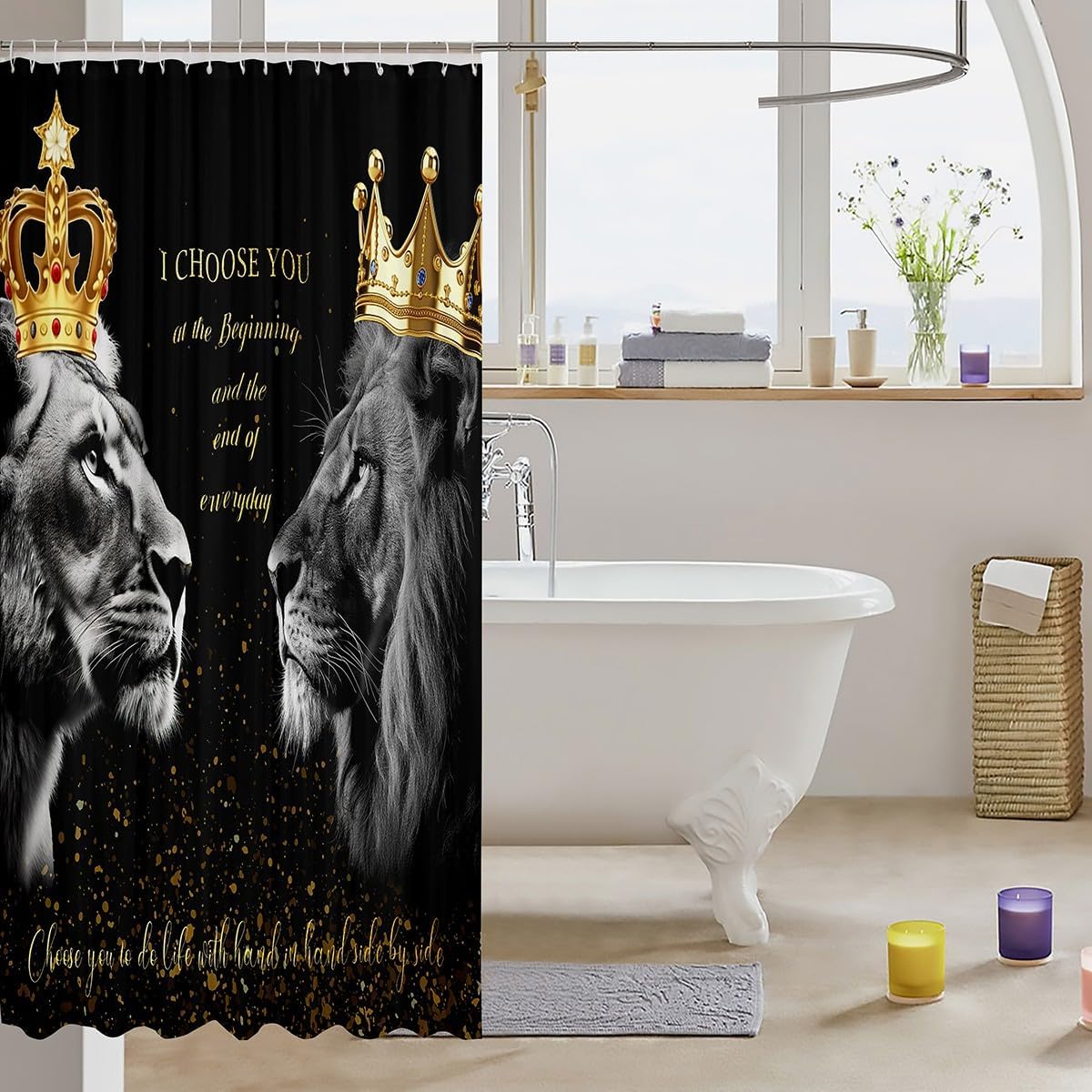 Couple Lion Shower Curtain,Africa Wild Animals Bathroom Curtain,Valentine's Day Themed Quotes Waterproof Curtain for Teens Women Men Adult Room Decor,Black Gold Glitter Luxury Bath Curtain