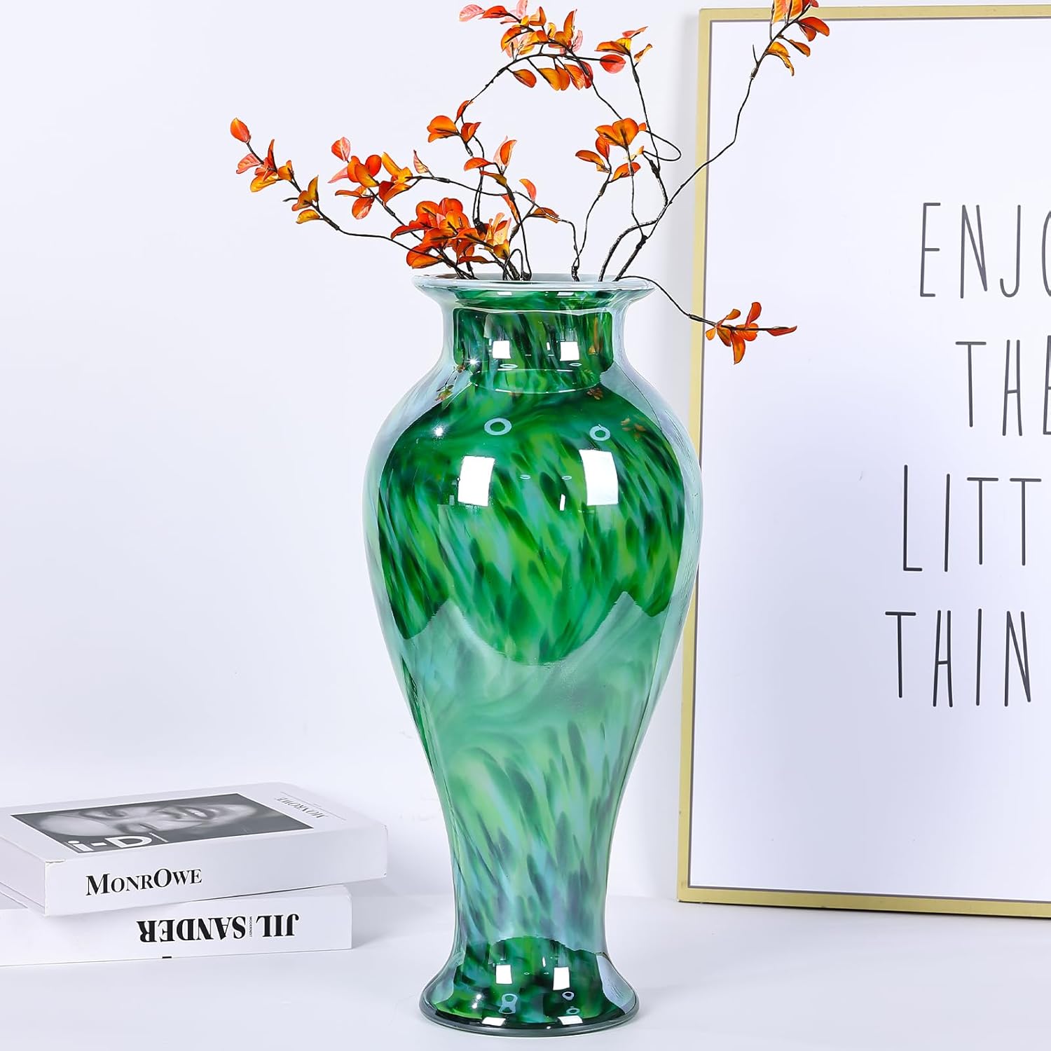 20" Tall Green Glass Vase Hand Blown Large Floor Glass Vase Home Decor, Pretty Modern Dark Green Flowers Vases, Jarrones Grandes para Sala Elegantes, Large Vases for Living Room Wedding Decor - Image 4