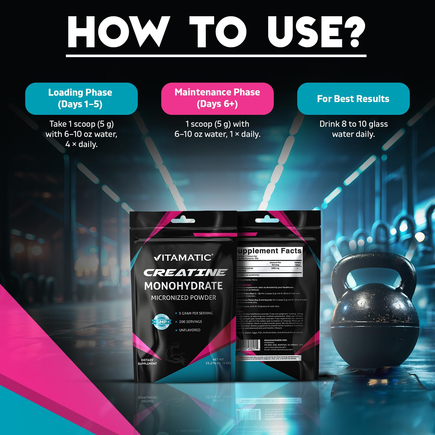 Vitamatic Creatine Monohydrate Powder – 5000 mg Per Serving, 1 kg, Unflavored, Micronized Creatine Supplement, Vegan, Non-GMO, Gluten Free — Amazon image 3