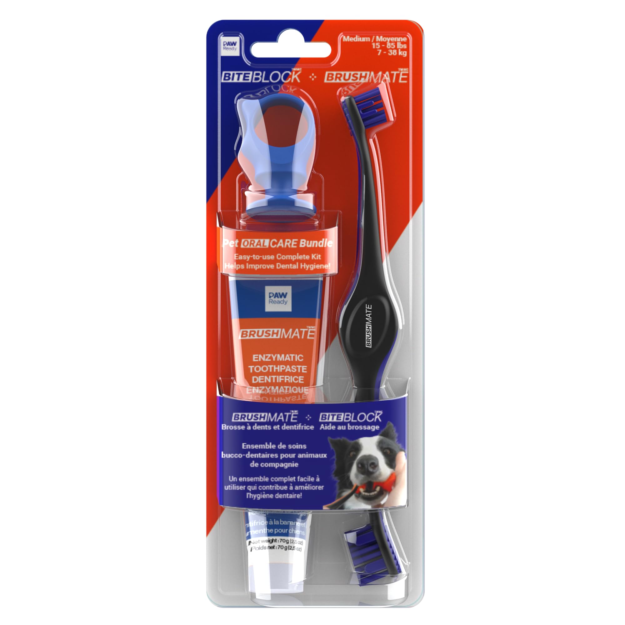 Paw Ready Doggy Breath to Doggy Fresh Dog Dental Care Kit Includes Enzymatic Toothpaste, Dual Brush Head Toothbrush with Angled Bristles and Blue Bite Block to Gently Keep Pets Jaw Open (Blue, Medium)