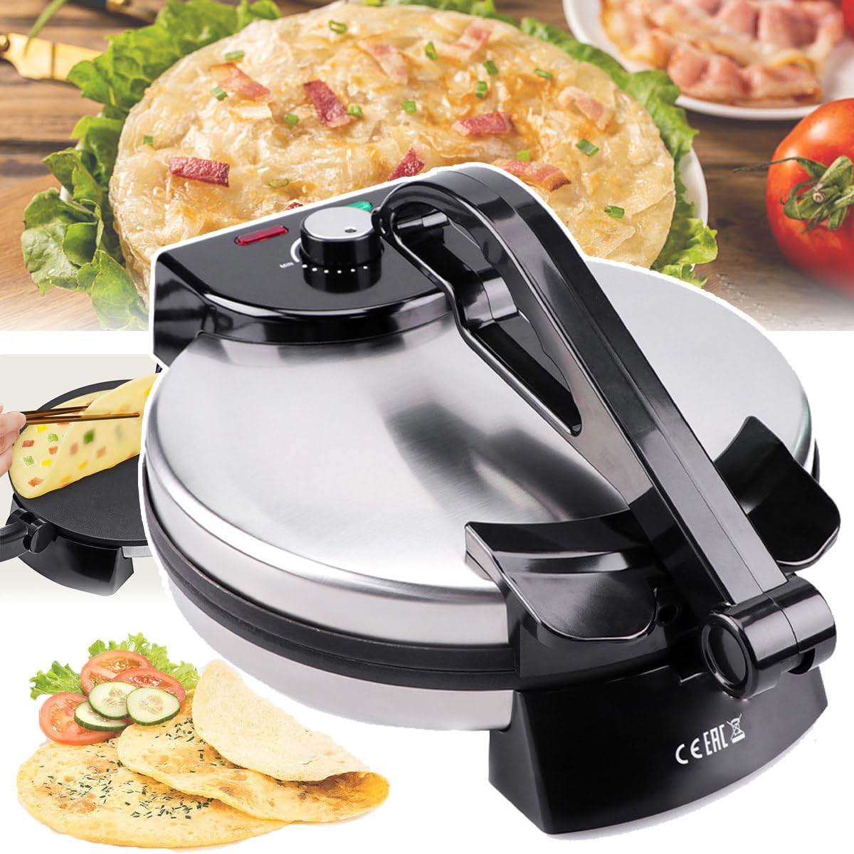 Crepera Antiadherente (12 Pulgadas), Máquina para Hacer Panqueques De 1800 W: Fabricación Pita, Calefacción De Doble Cara + Indicador Led, Haga Chapati/Tortilla FáCilmente