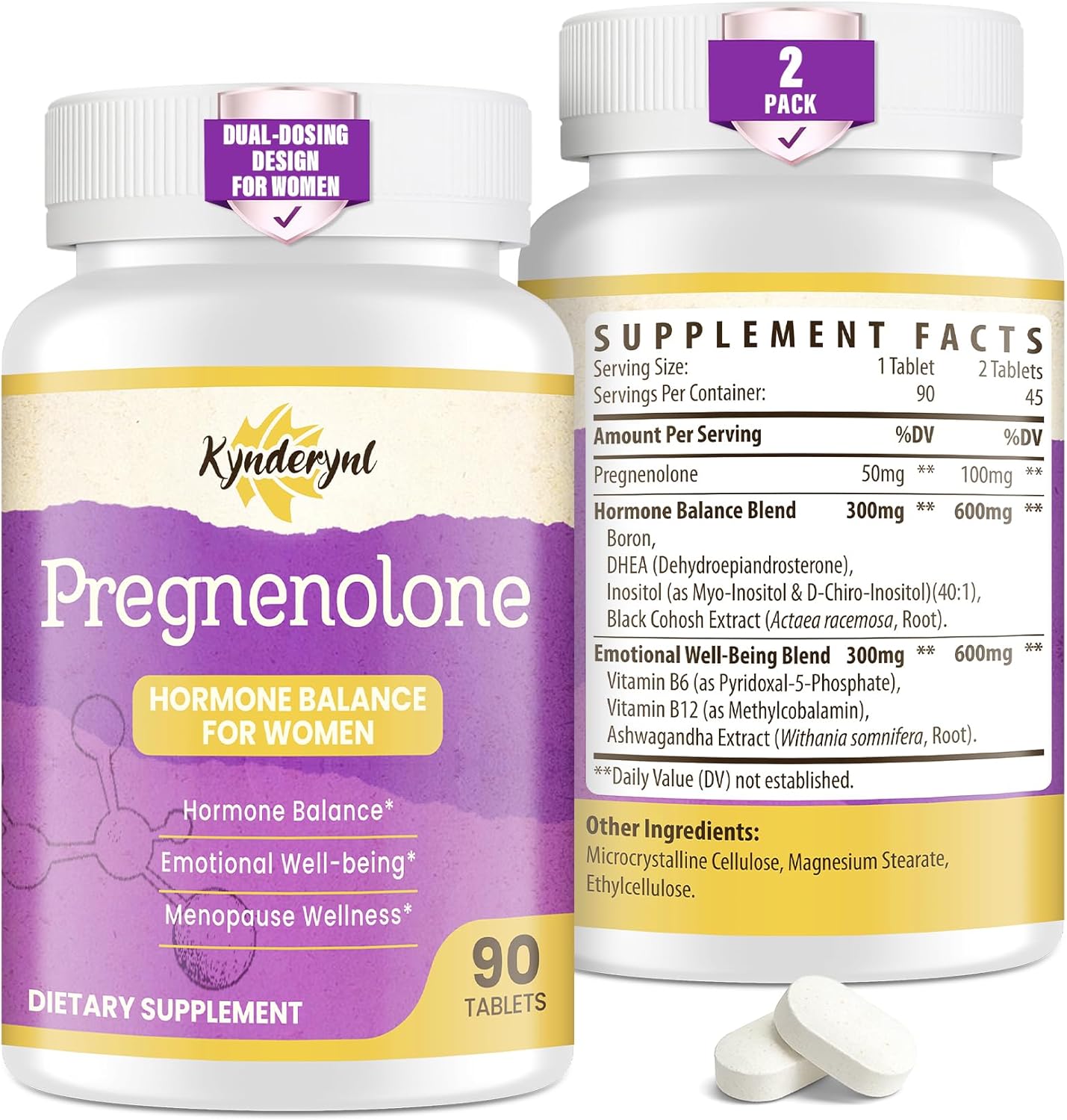 Pregnenolone with Ashwagandha for Women, Pregnenolone 100mg (2 Tablets) or 50mg (1 Tablet) Dose, 8-in-1 Formula with DHEA, Black Cohosh, Dual-Dosing, Vegan, Gluten Free, 180 Chewable Tablets