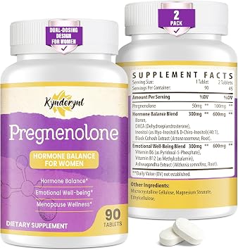 Pregnenolone with Ashwagandha for Women, Pregnenolone 100mg 2 Tablets or 50mg 1 Tablet Dose, 8-in-1 Formula with DHEA, Black Cohosh, Dual-Dosing, Vegan, Gluten Free, 180 Chewable Tablets
