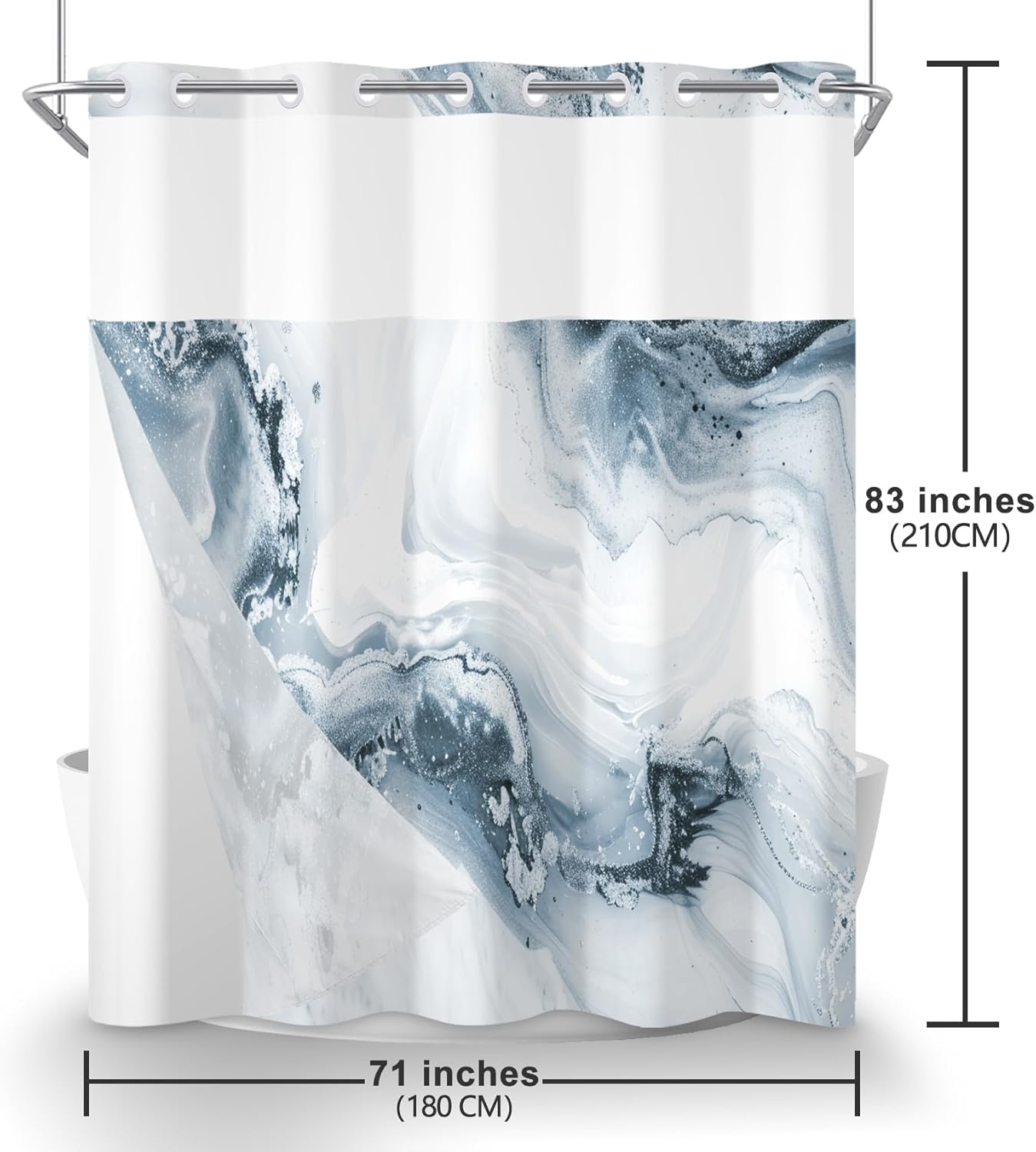 No Hook Shower Curtain with Snap in Liner Grey Blue Marble Modern Crack Ink Texture Double Layers Shower Curtain Waterproof Fabric See-Through Top Window Bathroom Decorative 71x83inch