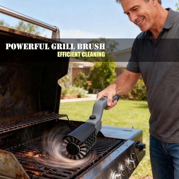 Elektrische Grillbürste Akkubetrieben – 180° Verstellbarer Kopf, 3-Stufen-Motor, 90 Min Laufzeit, Wasserdicht, Edelstahl & Nylon Bürstenköpfe für Grillrost, Smoker, Grillplatte (Grau) - 2