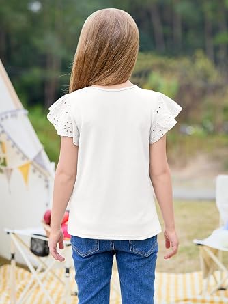 Imily Bela Girls Ruffle Sleeve Shirts Crewneck Eyelet Tops 4-15 Years | Cute summer casual blouse, Soft breathable eyelet fabric with ruffle sleeves, Comfortable daily shirts for kids