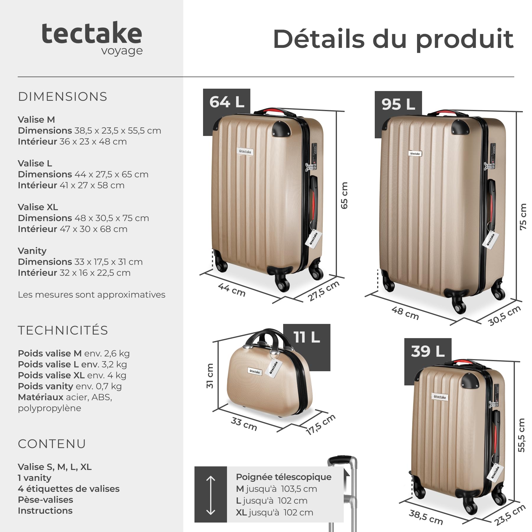 tectake® Set de Valises de Voyage, Coque Rigide en ABS, 3 Tailles M-L-XL + Vanity Case, roulettes Pivotantes à 360°, Serrure TSA, Poignée télescopique, Pèse-Bagage et étiquettes Inclus - Champagne