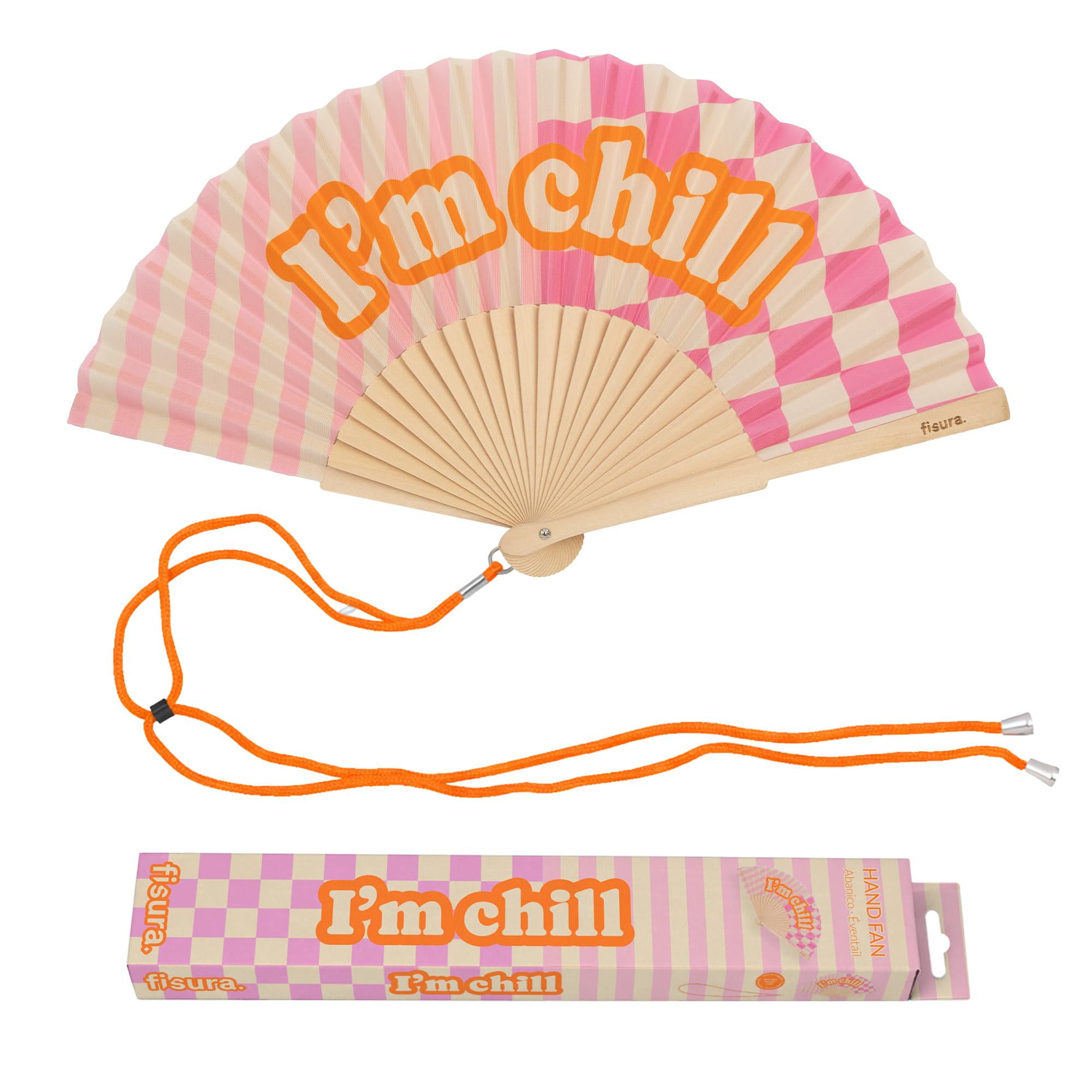Fisura I'm Chill, Pink – Original “I’m Chill” Message Folding Fan, Modern And Colourful Folding Handheld Fan, Pink Design For Wedding, Rave, Festival - Includes Strap. Size: 42.5 X 23 Cm