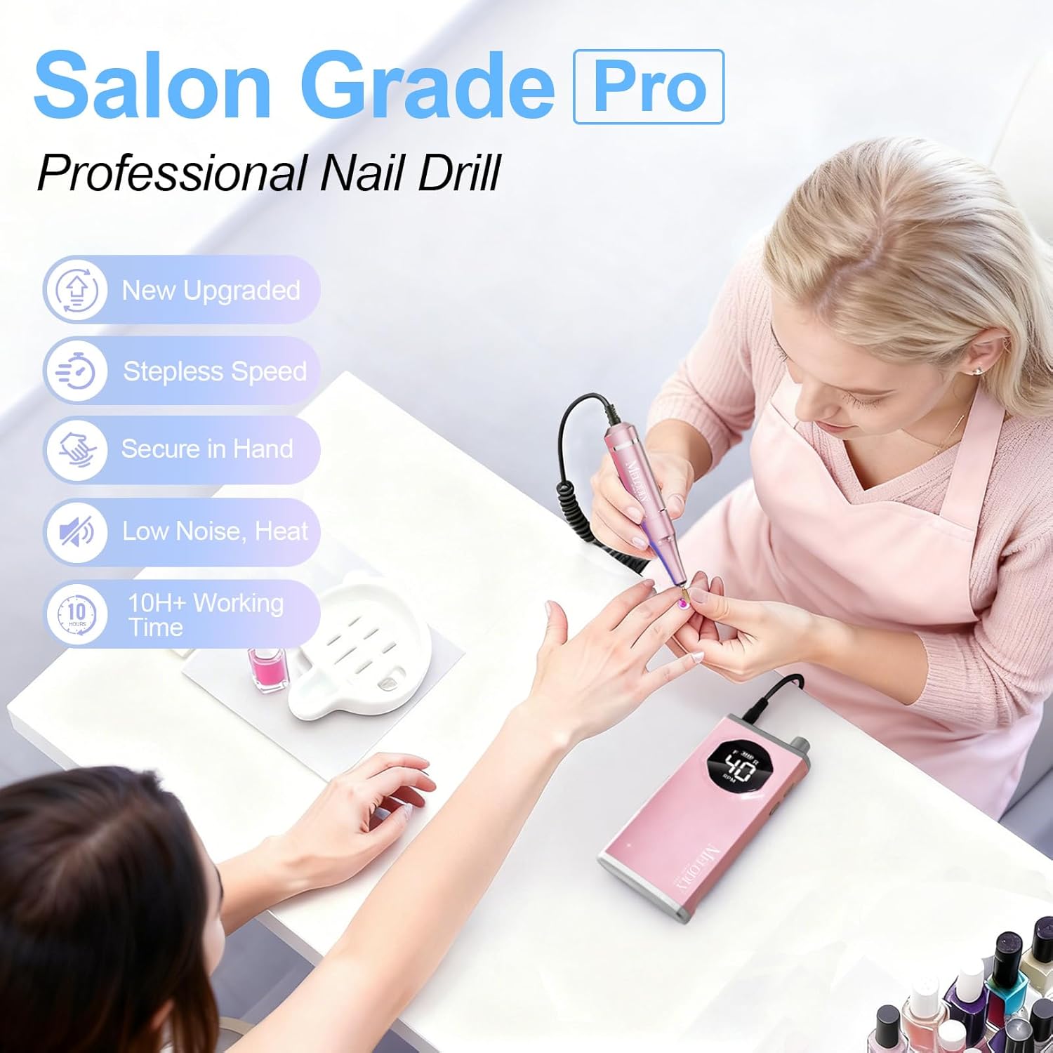 Electric Nail Drill File Professional 40000 RPM, Melodly Rechargeable Electric Nail File Machine Kit for Acrylic Gel Nails Polishing Removing, Portable Cordless Efile with Gold Bits Kit at Salon Home - Image 2