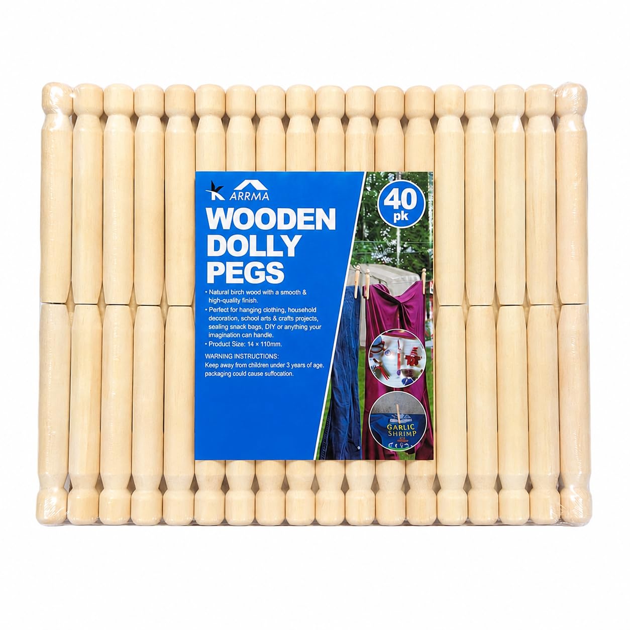 Wooden Dolly Pegs 40 Pk - Wooden Clothes Pegs Strong Natural | Reusable Heavy Duty Laundry Pegs for Indoor & Outdoor Drying - Craft, Sealing Bags & Household Use - KARRMA
