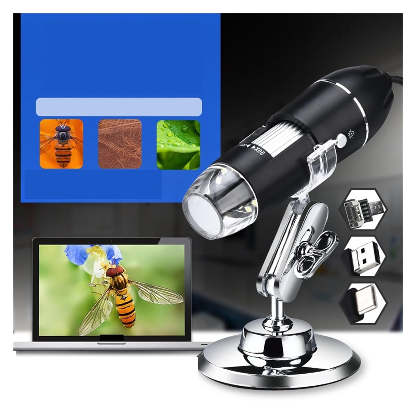 Mikroskop cyfrowy, Cyfrowa Kamera Z Mikroskopem 1600x Przenośna USB 3 W 1 Typu C